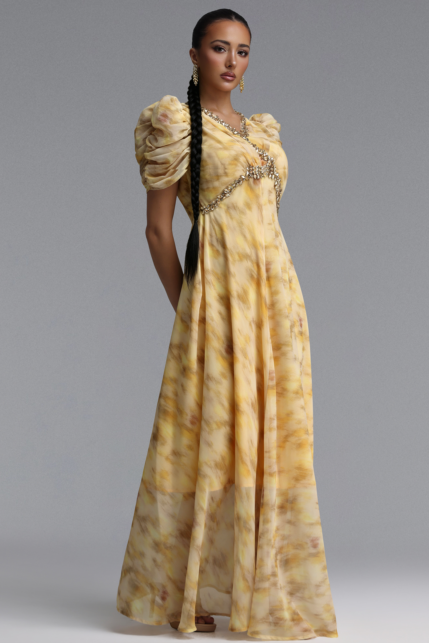Dye Resort Flowy V Neck Puff Sleeve Rhinestone Chiffon Maxi Dress