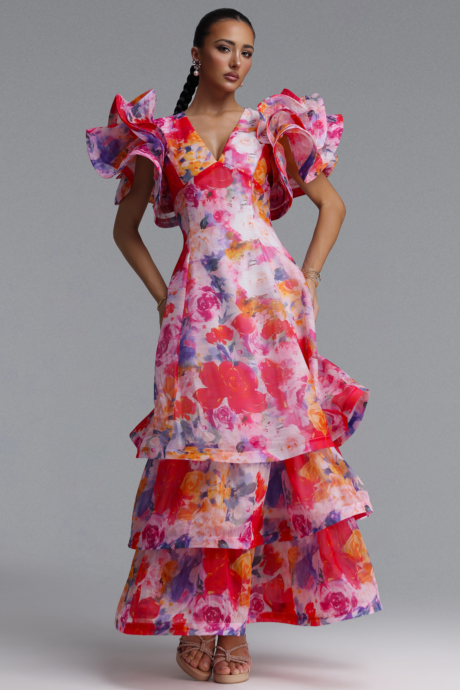 Wenie Printed V-Neck Folds Layered Maxi Dress