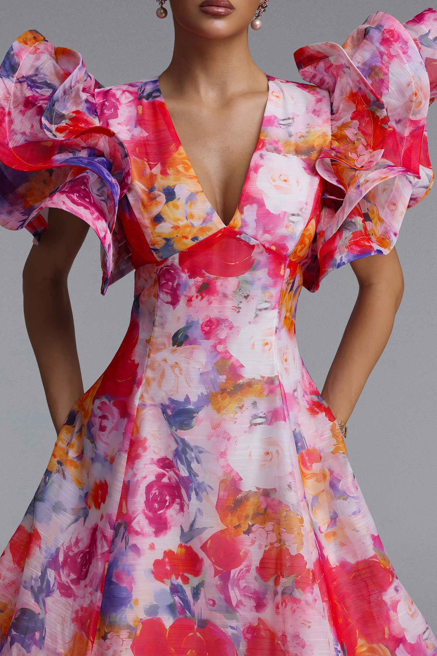 Wenie Printed V-Neck Folds Layered Maxi Dress
