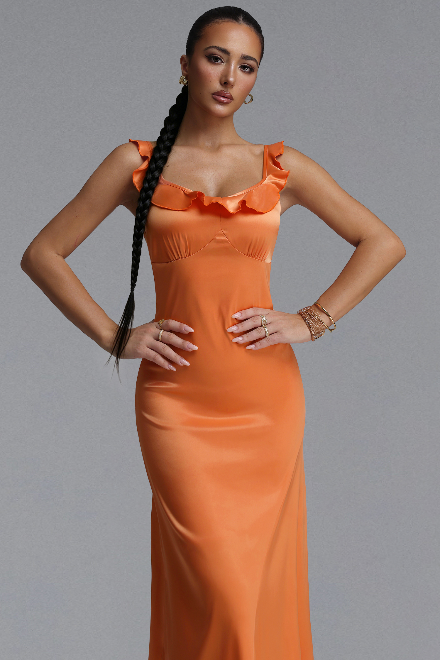 Hacaki Elegant Tailored Ruffle Sleeveless Satin Maxi Dress