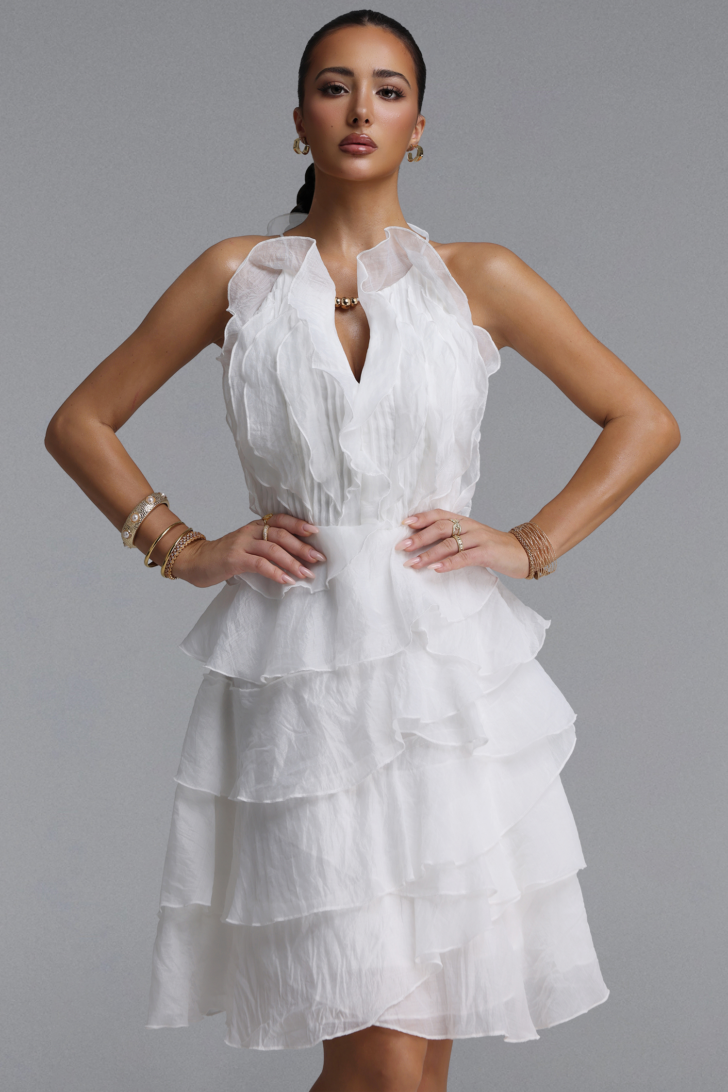 Tanisha Resort Flowy Sleeveless Ruffle Woven White Mini Dress