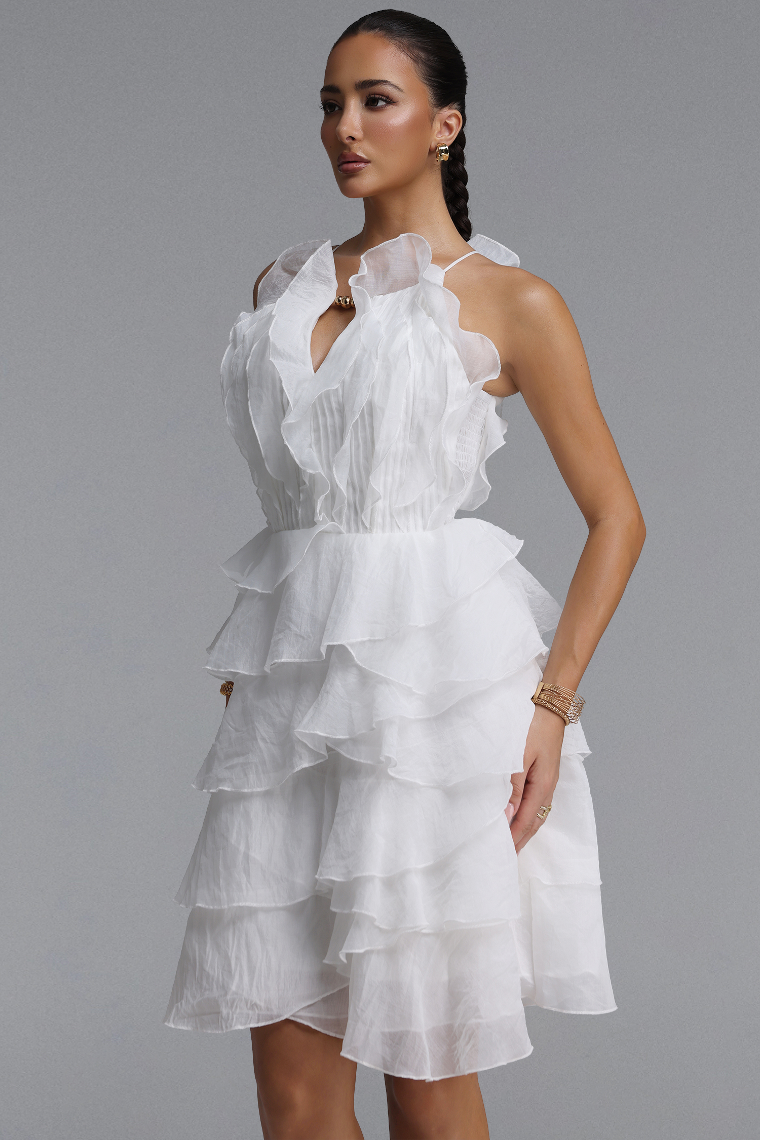 Tanisha Resort Flowy Sleeveless Ruffle Woven White Mini Dress