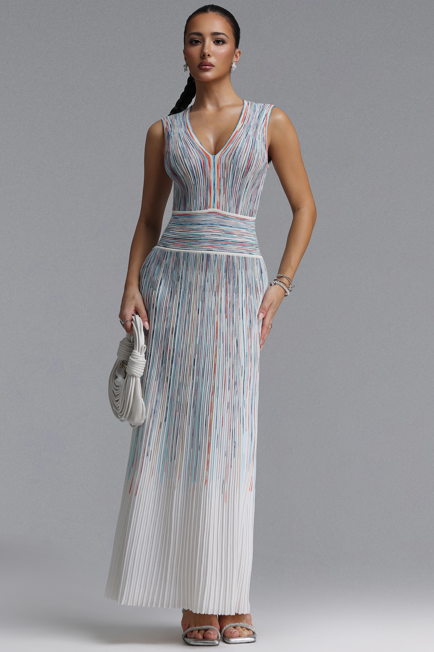 Sareka Elegant Cinched V Neck Sleeveless Striped Knit Maxi Dress