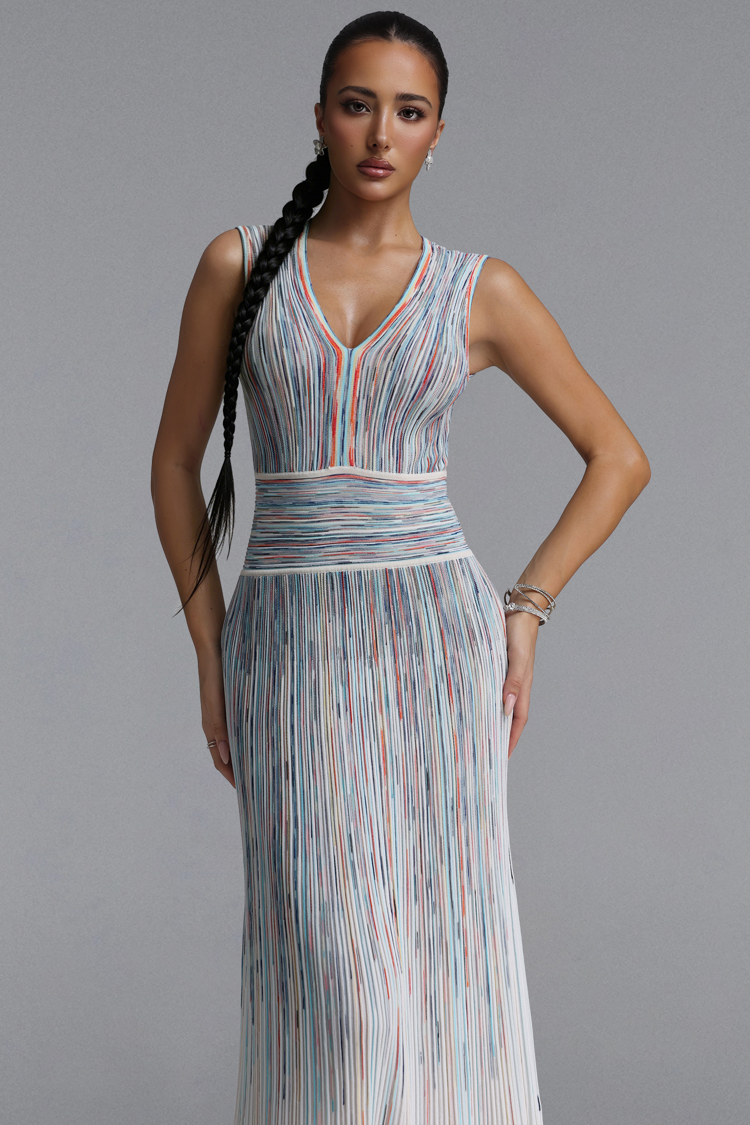 Sareka Elegant Cinched V Neck Sleeveless Striped Knit Maxi Dress