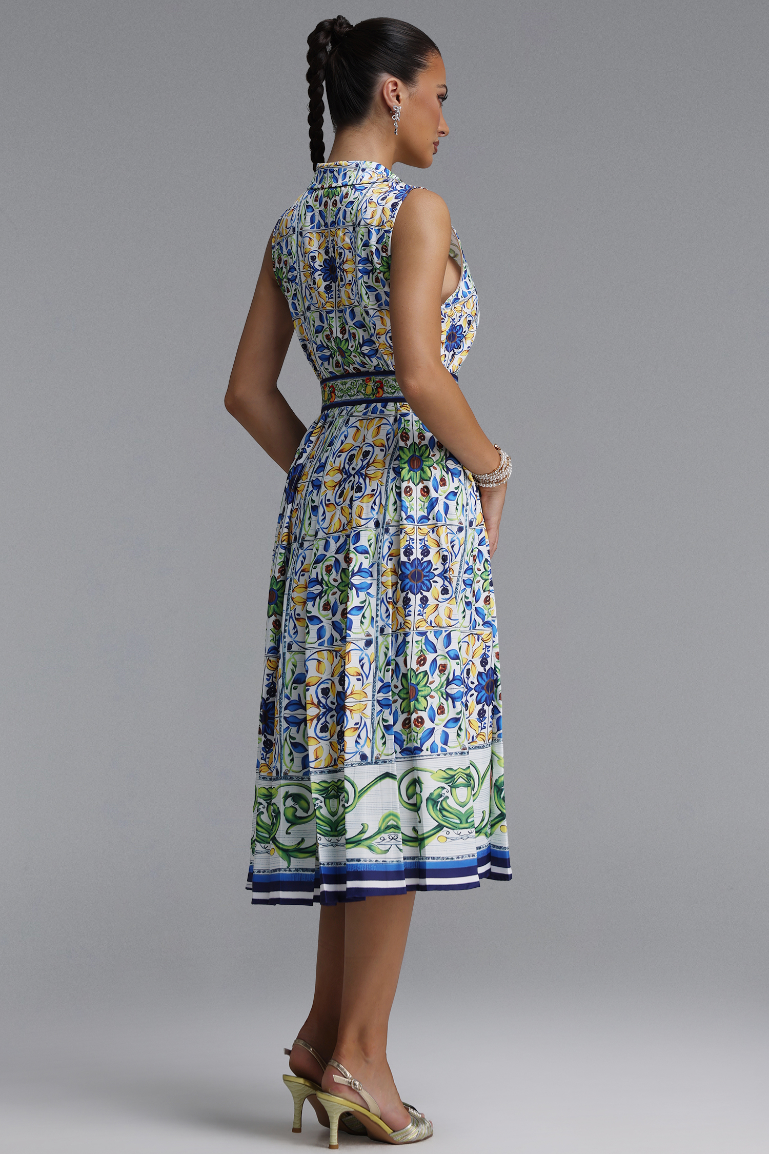 Saffie Resort Tailored Sleeveless Floral Print Woven Midi Dress