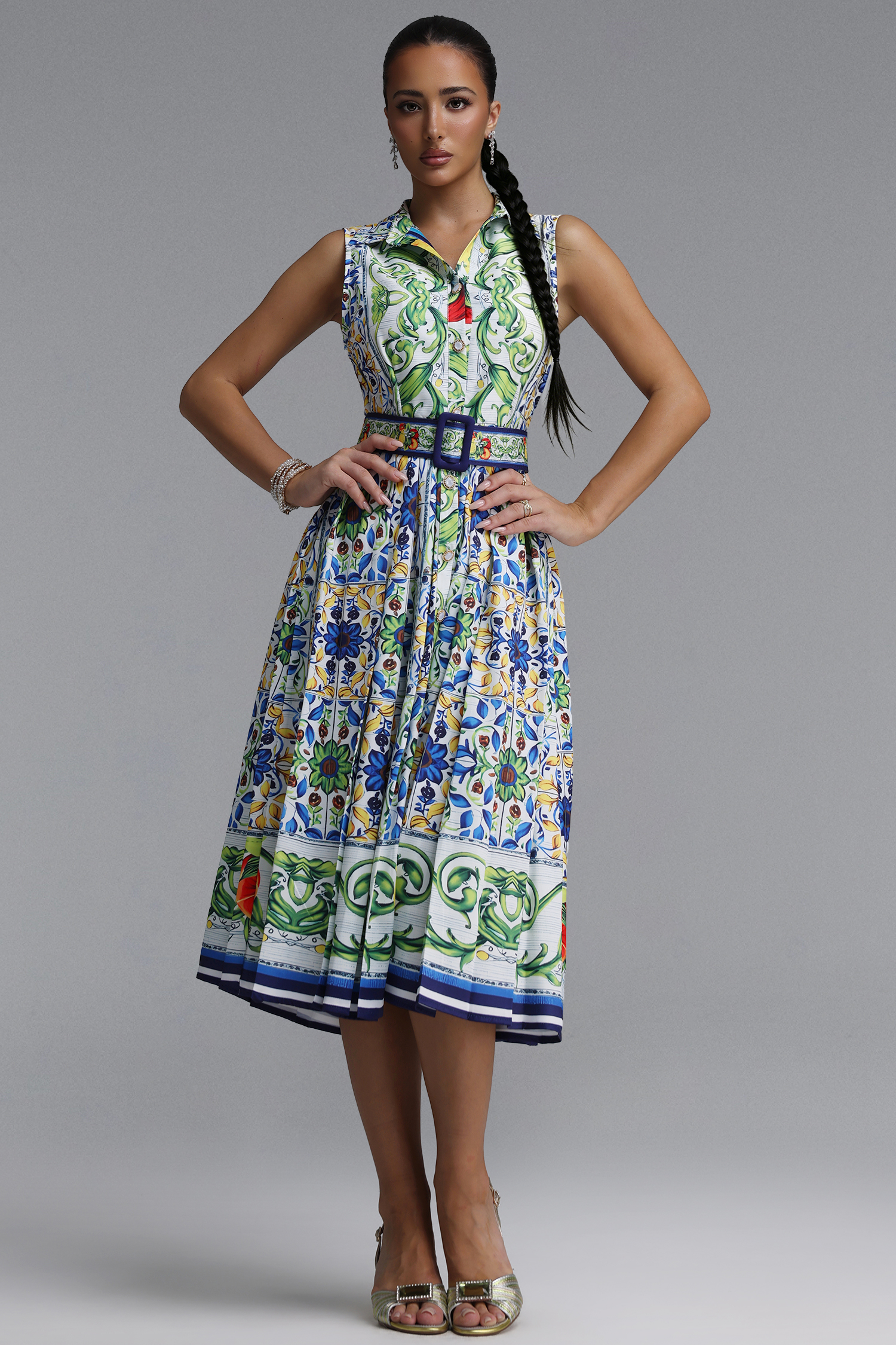 Saffie Resort Tailored Sleeveless Floral Print Woven Midi Dress