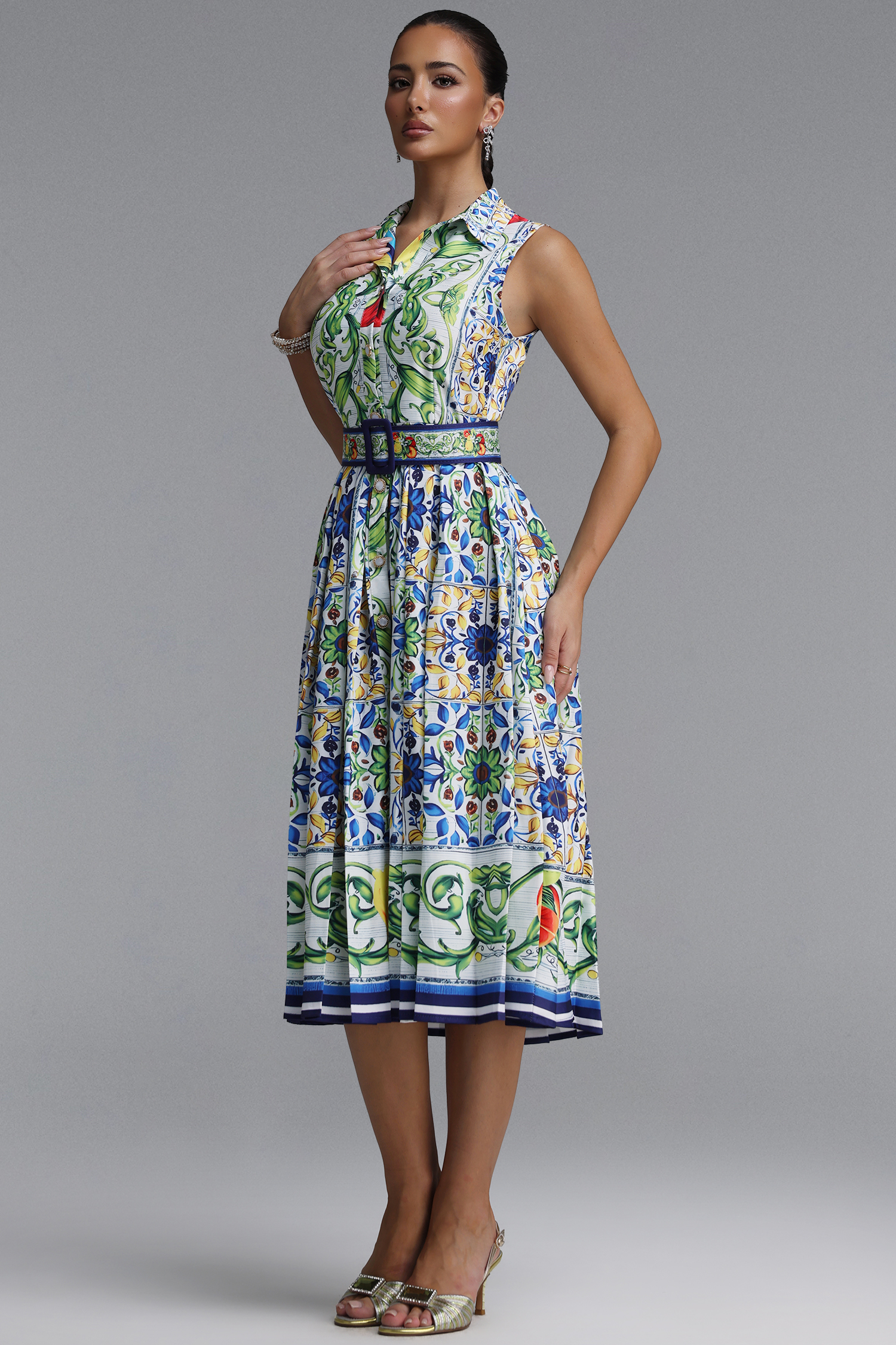 Saffie Resort Tailored Sleeveless Floral Print Woven Midi Dress