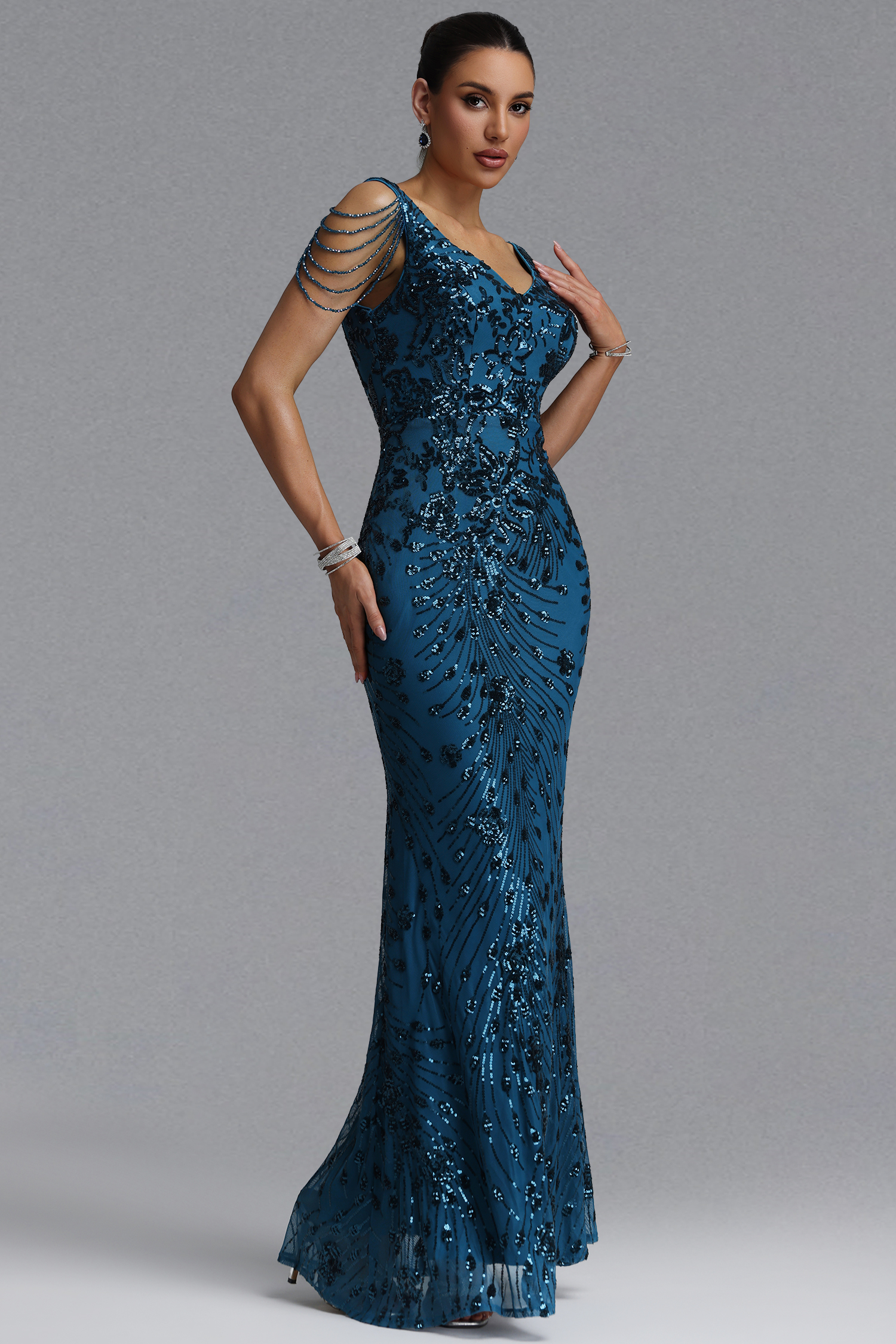 Gerianna Elegant Waist-Cinching Deep V Pearl Chain Tassel Floral Sequin Mesh Mermaid Maxi Evening Dress