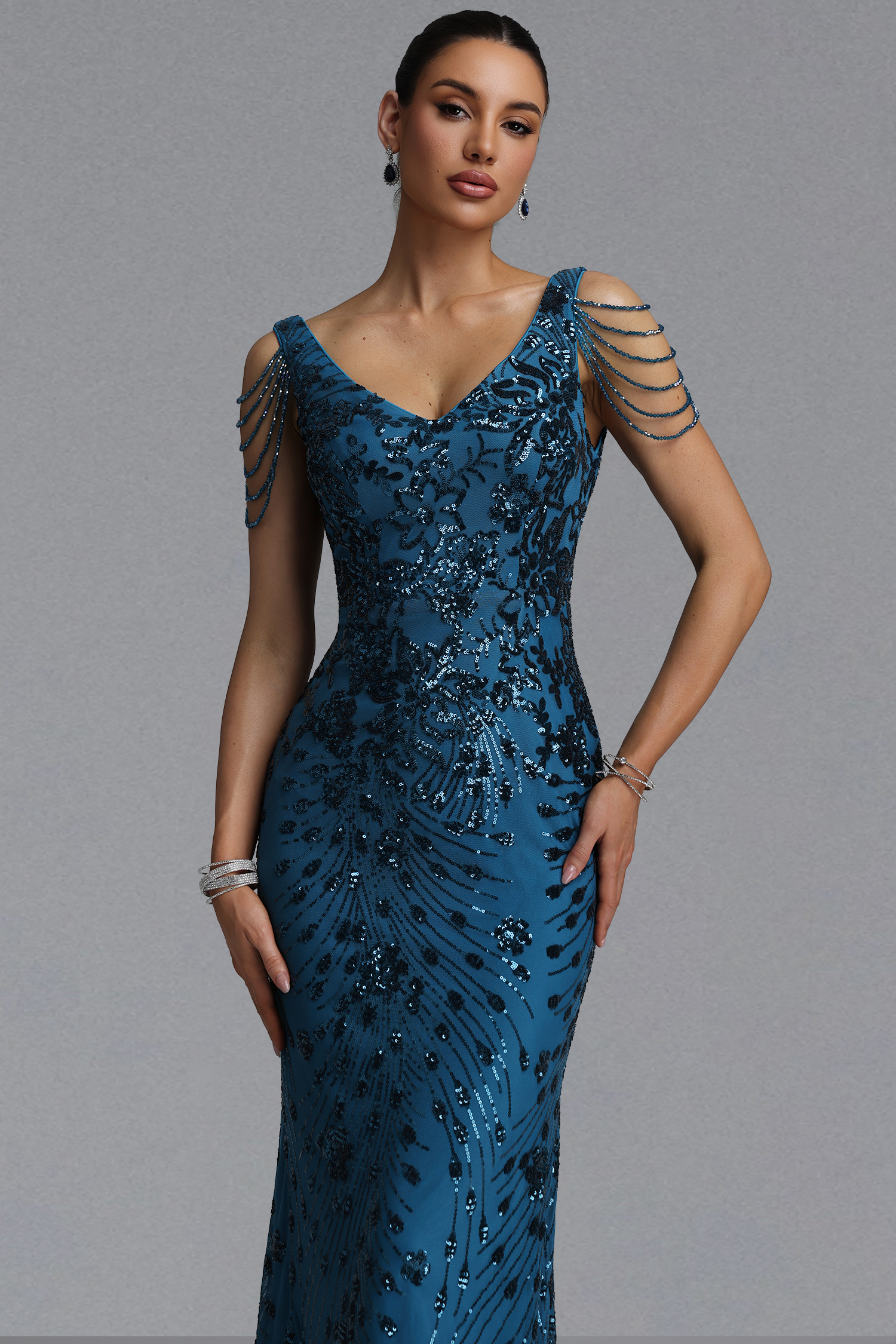 Gerianna Elegant Waist-Cinching Deep V Pearl Chain Tassel Floral Sequin Mesh Mermaid Maxi Evening Dress