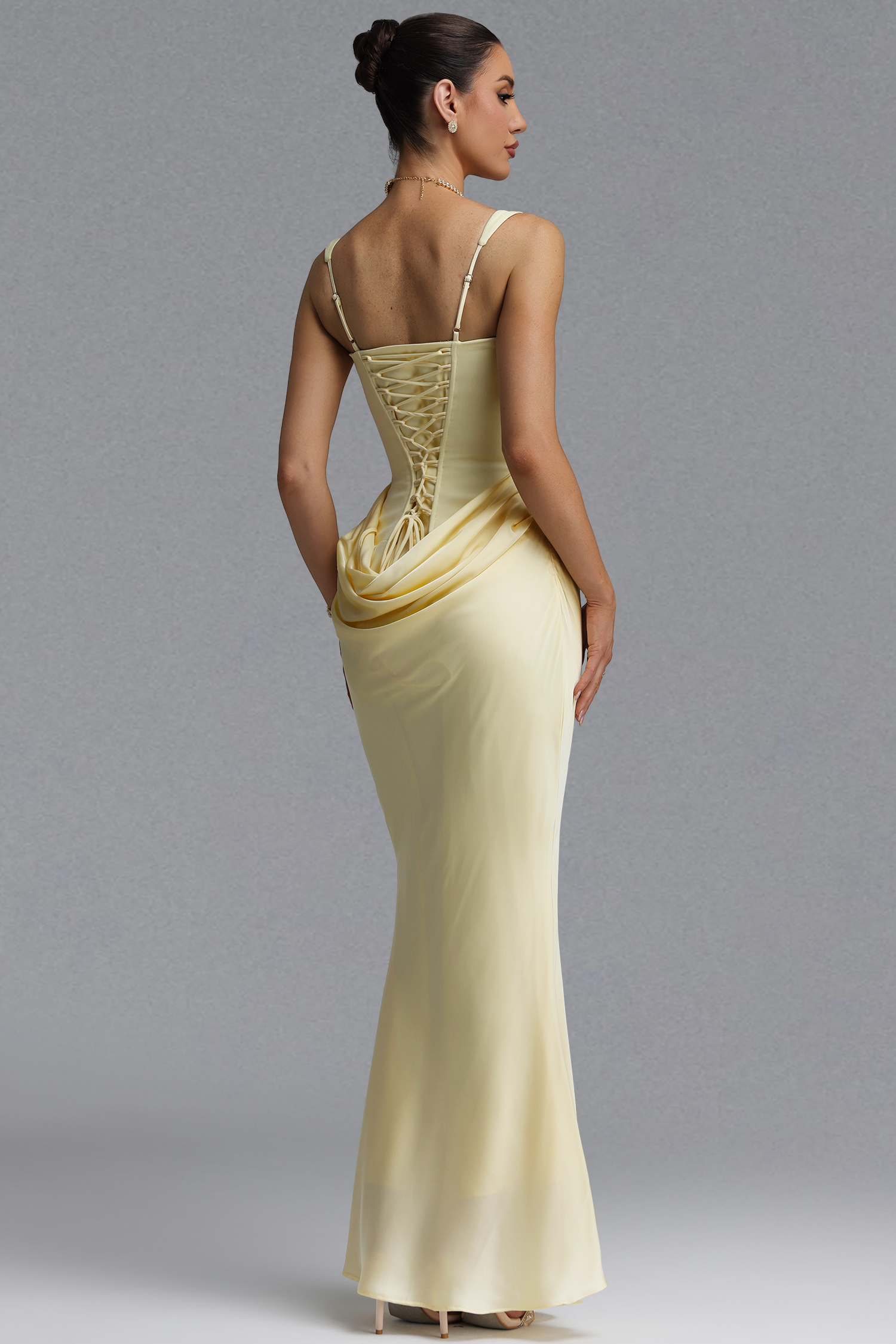 Winey Elegant Waist-Cinching Square Neck Thin Strap Boned Fitted Draped Ruched Satin Mermaid Maxi Evening Dress