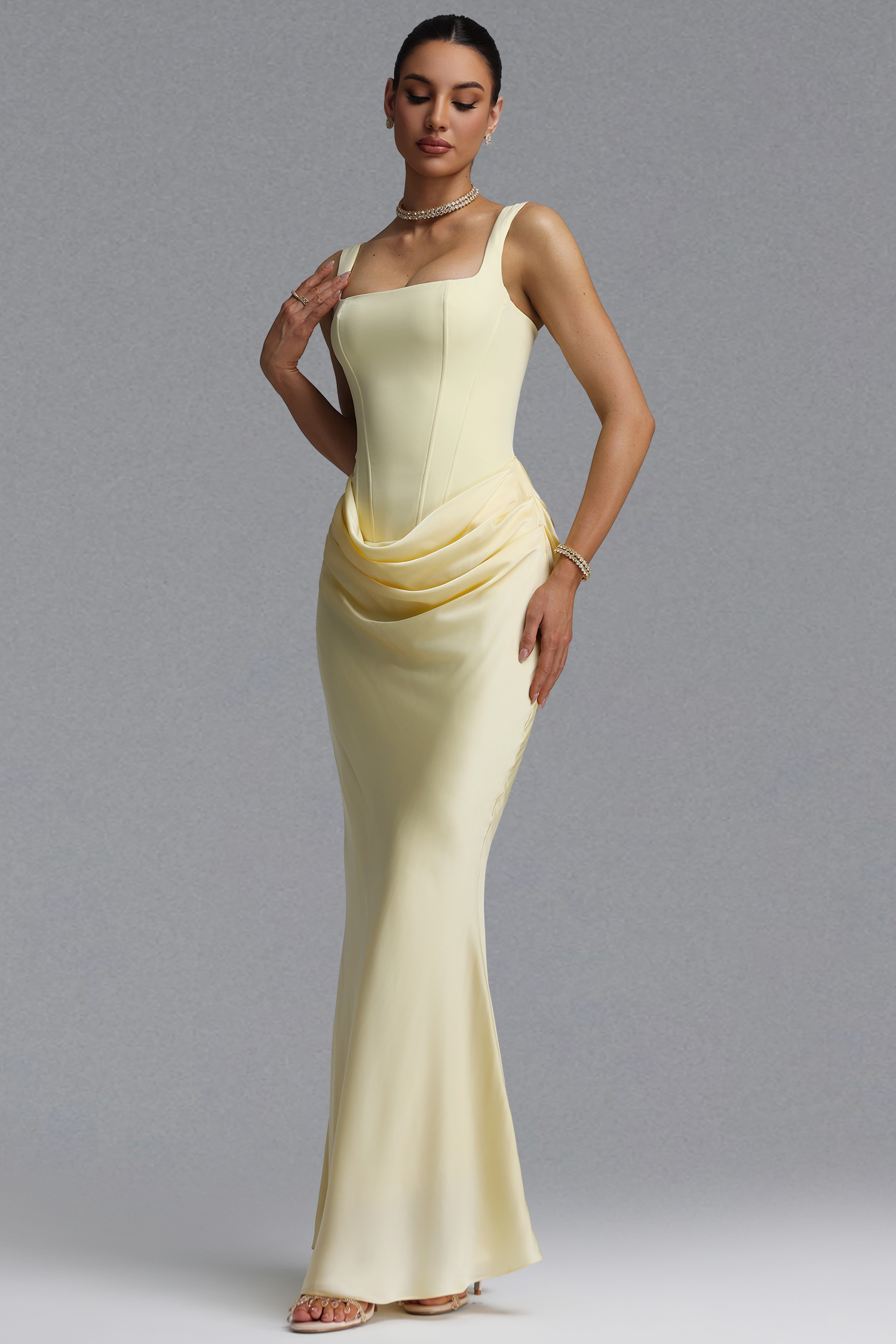 Winey Elegant Waist-Cinching Square Neck Thin Strap Boned Fitted Draped Ruched Satin Mermaid Maxi Evening Dress