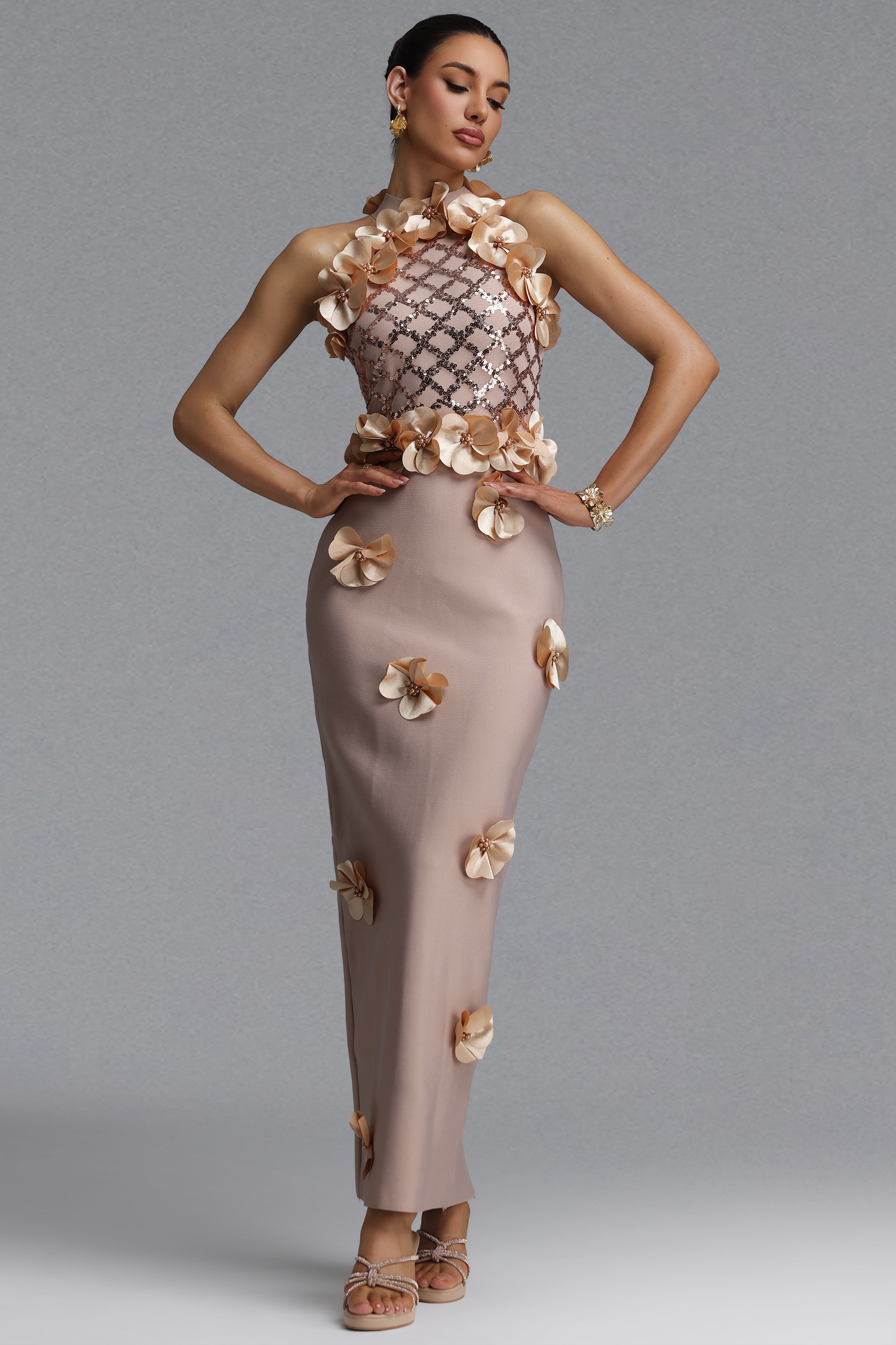 Pedra Giela Oria Glamorous Contour Pearl Floral Bandage Beige Maxi Dress