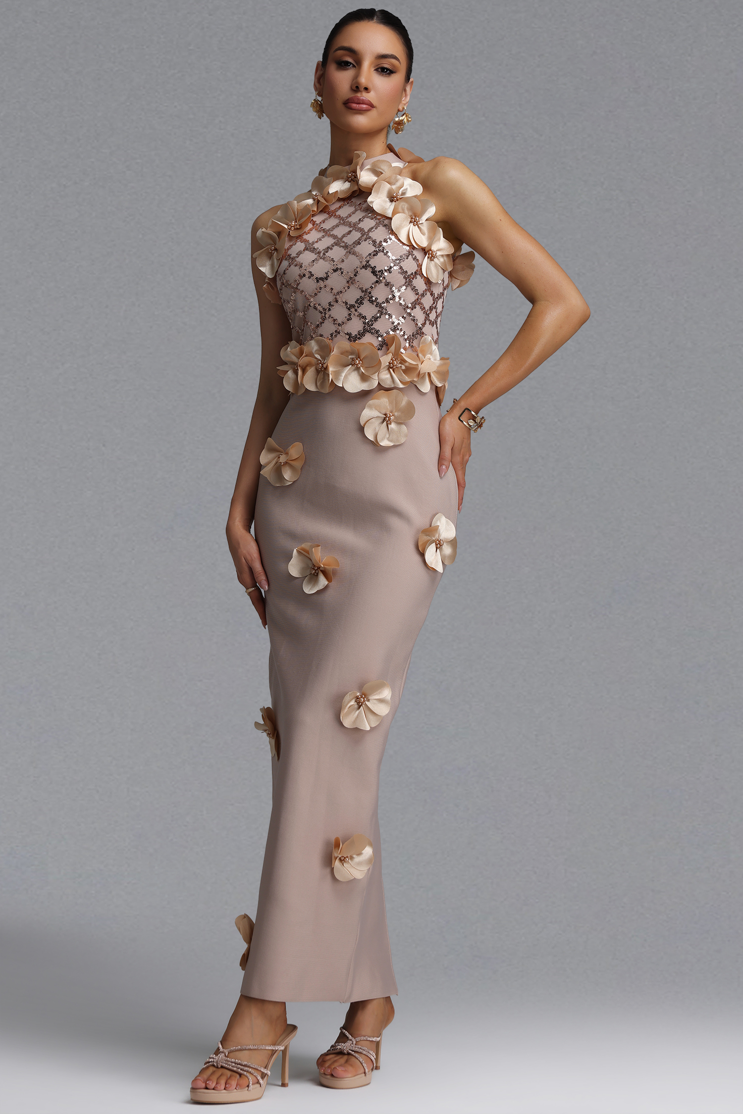 Pedra Giela Oria Glamorous Contour Pearl Floral Bandage Beige Maxi Dress