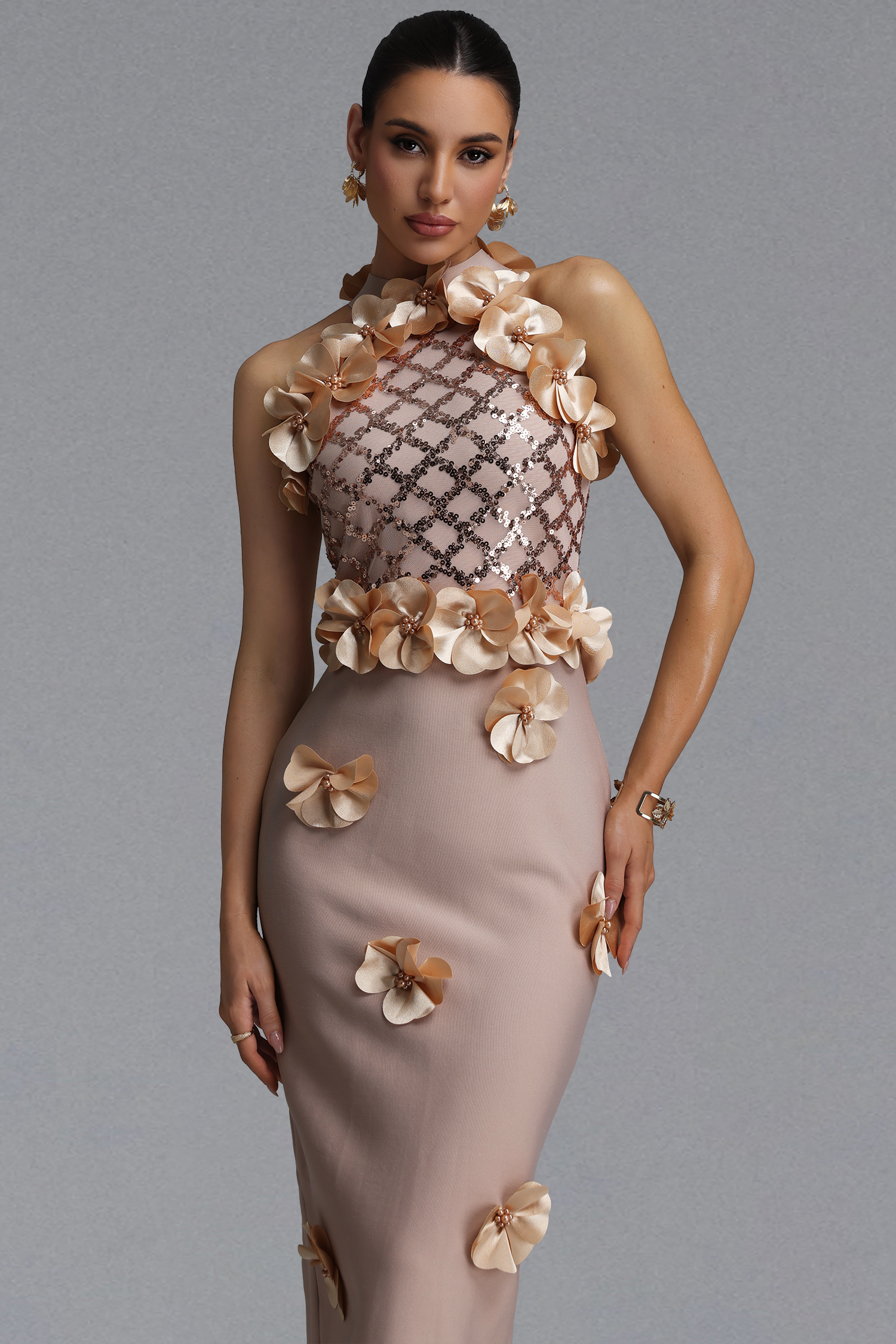 Pedra Giela Oria Glamorous Contour Pearl Floral Bandage Beige Maxi Dress