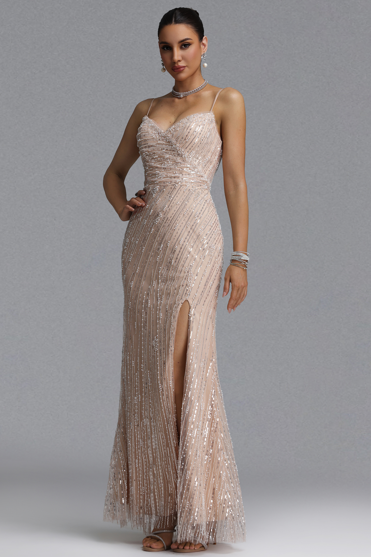 Ganera Light Luxury Slim Thin Strap V-Neck Twill Sequin High Slit Mermaid Maxi Evening Dress