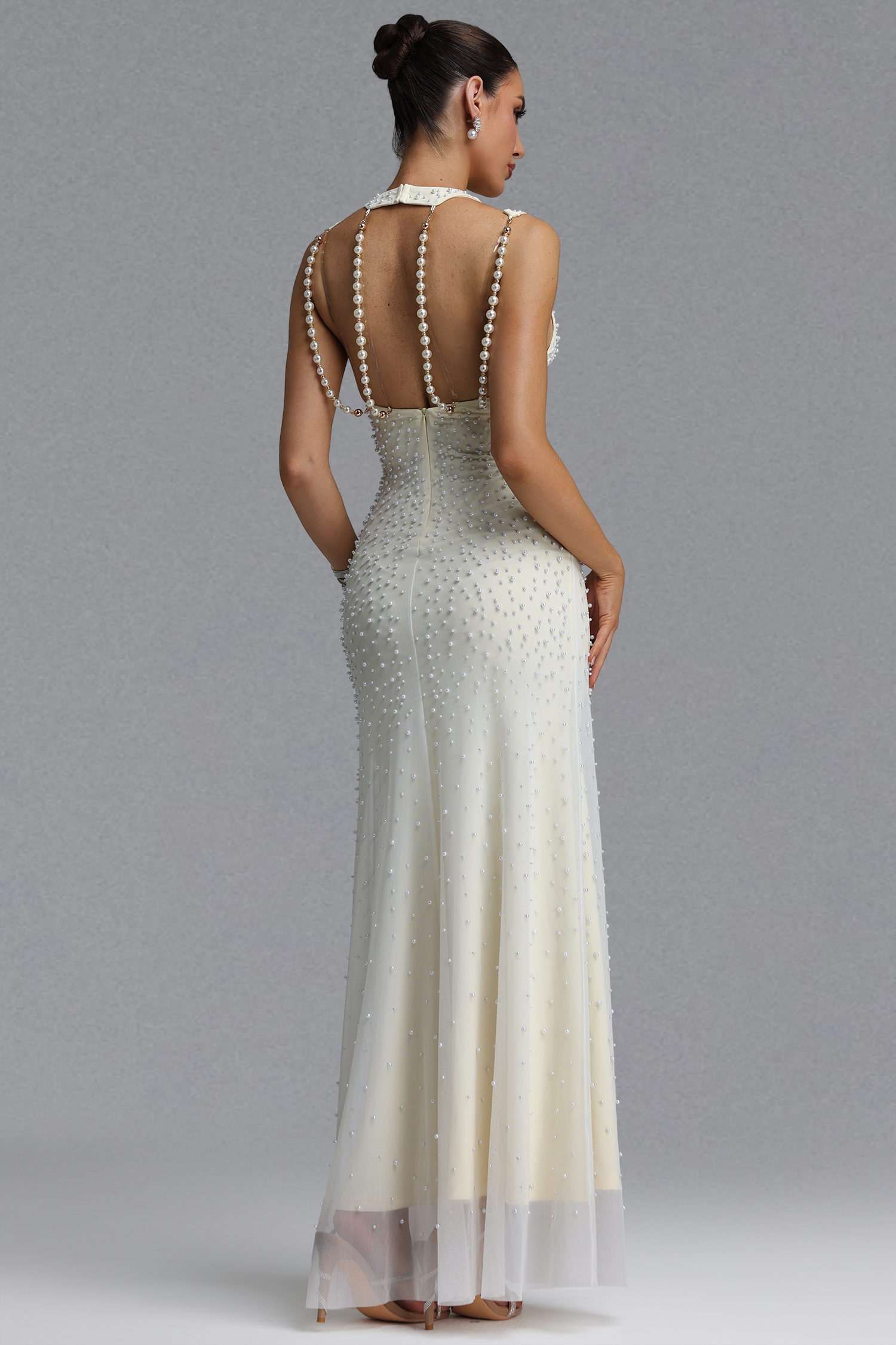 Dilara Elegant Slim Sleeveless Cutout Shoulder All Over Pearl Mesh Mermaid Maxi Evening Dress