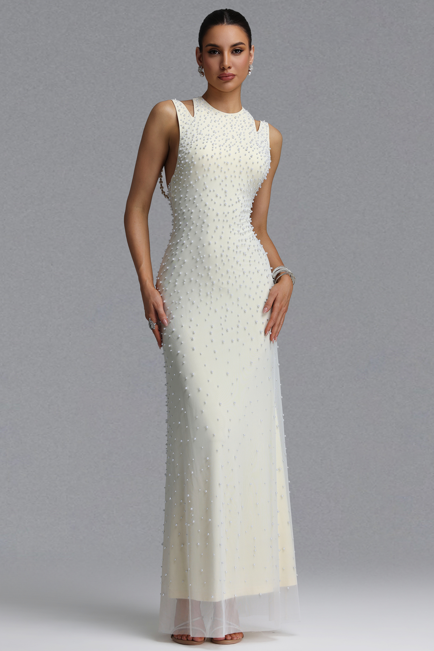 Dilara Elegant Slim Sleeveless Cutout Shoulder All Over Pearl Mesh Mermaid Maxi Evening Dress