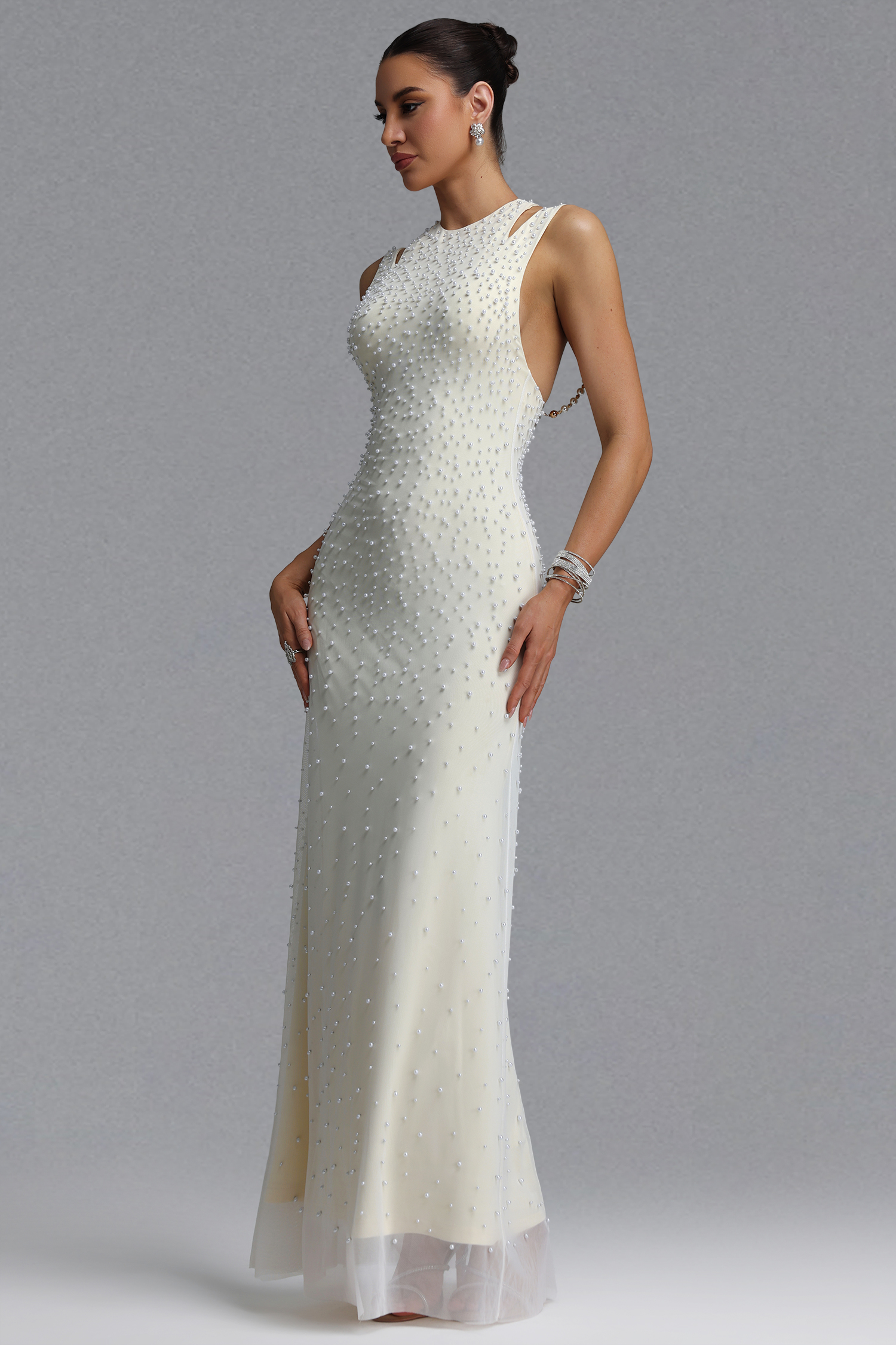 Dilara Elegant Slim Sleeveless Cutout Shoulder All Over Pearl Mesh Mermaid Maxi Evening Dress