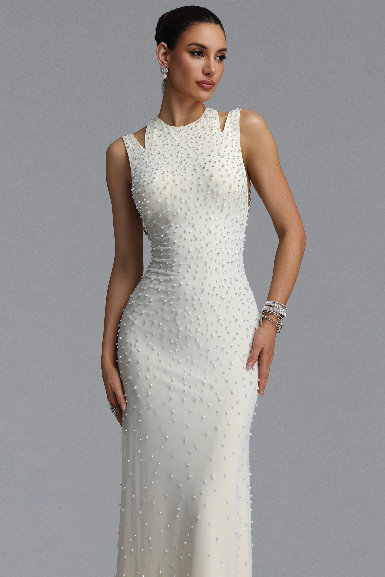 Dilara Elegant Slim Sleeveless Cutout Shoulder All Over Pearl Mesh Mermaid Maxi Evening Dress