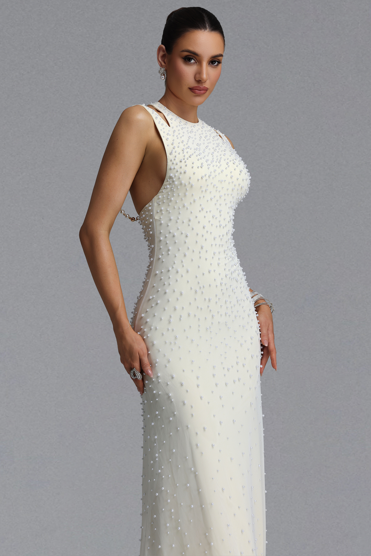 Dilara Elegant Slim Sleeveless Cutout Shoulder All Over Pearl Mesh Mermaid Maxi Evening Dress