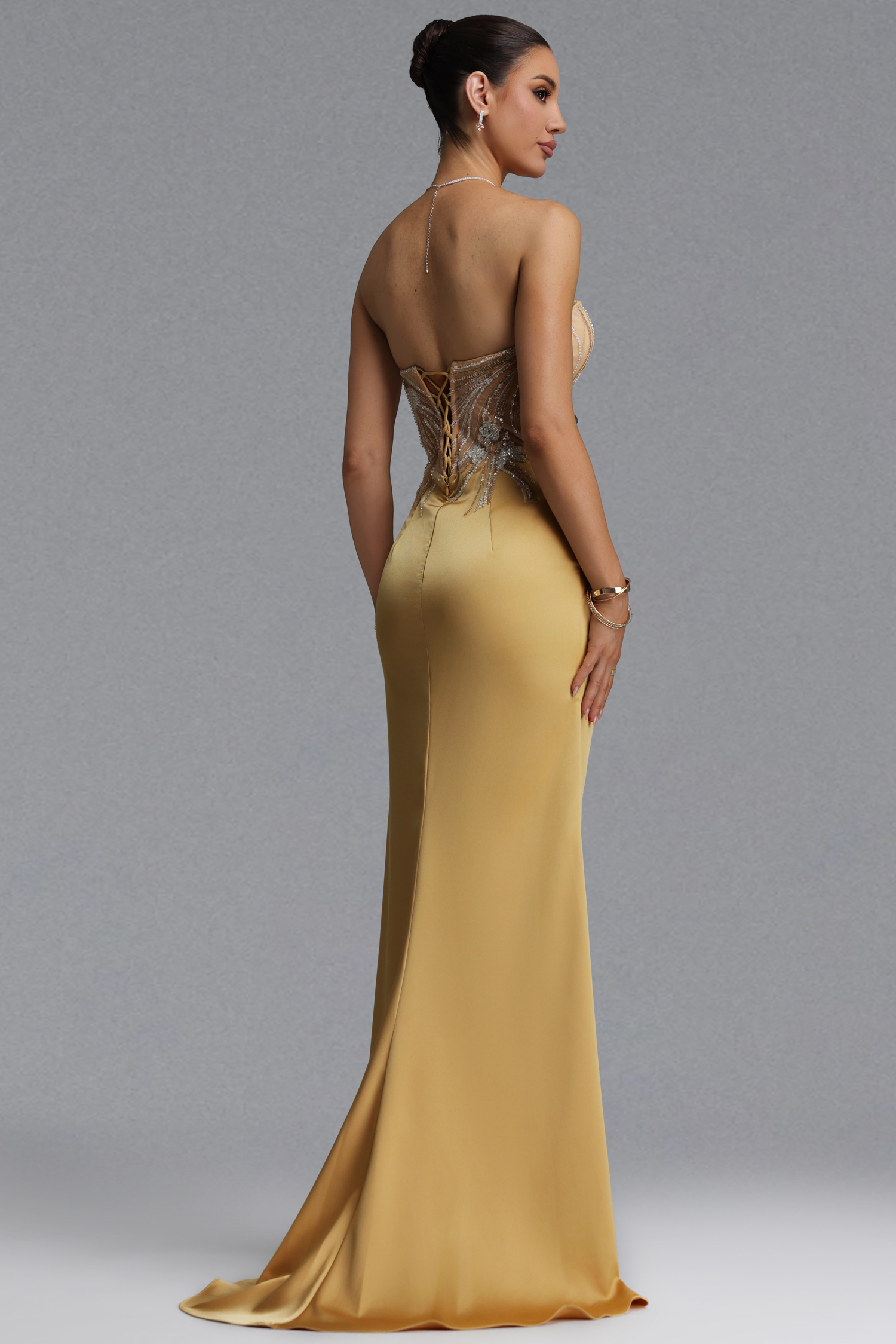 Sofia Elegant Waist-Cinching Asymmetrical Mesh Wing Rhinestone Draped Ruched Satin High Slit Mermaid Maxi Evening Dress
