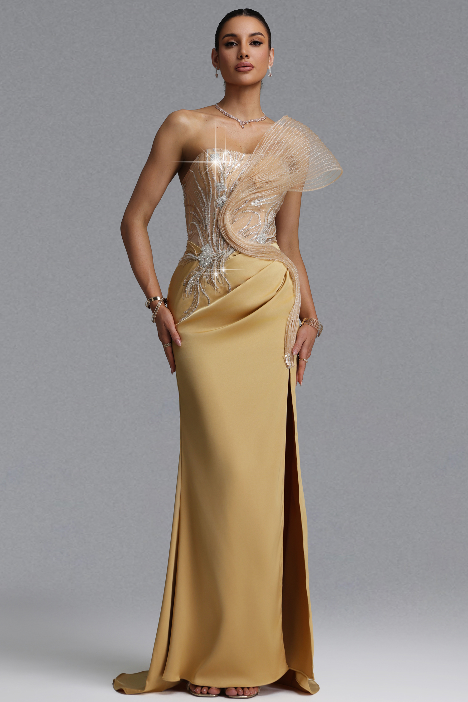 Sofia Elegant Waist-Cinching Asymmetrical Mesh Wing Rhinestone Draped Ruched Satin High Slit Mermaid Maxi Evening Dress