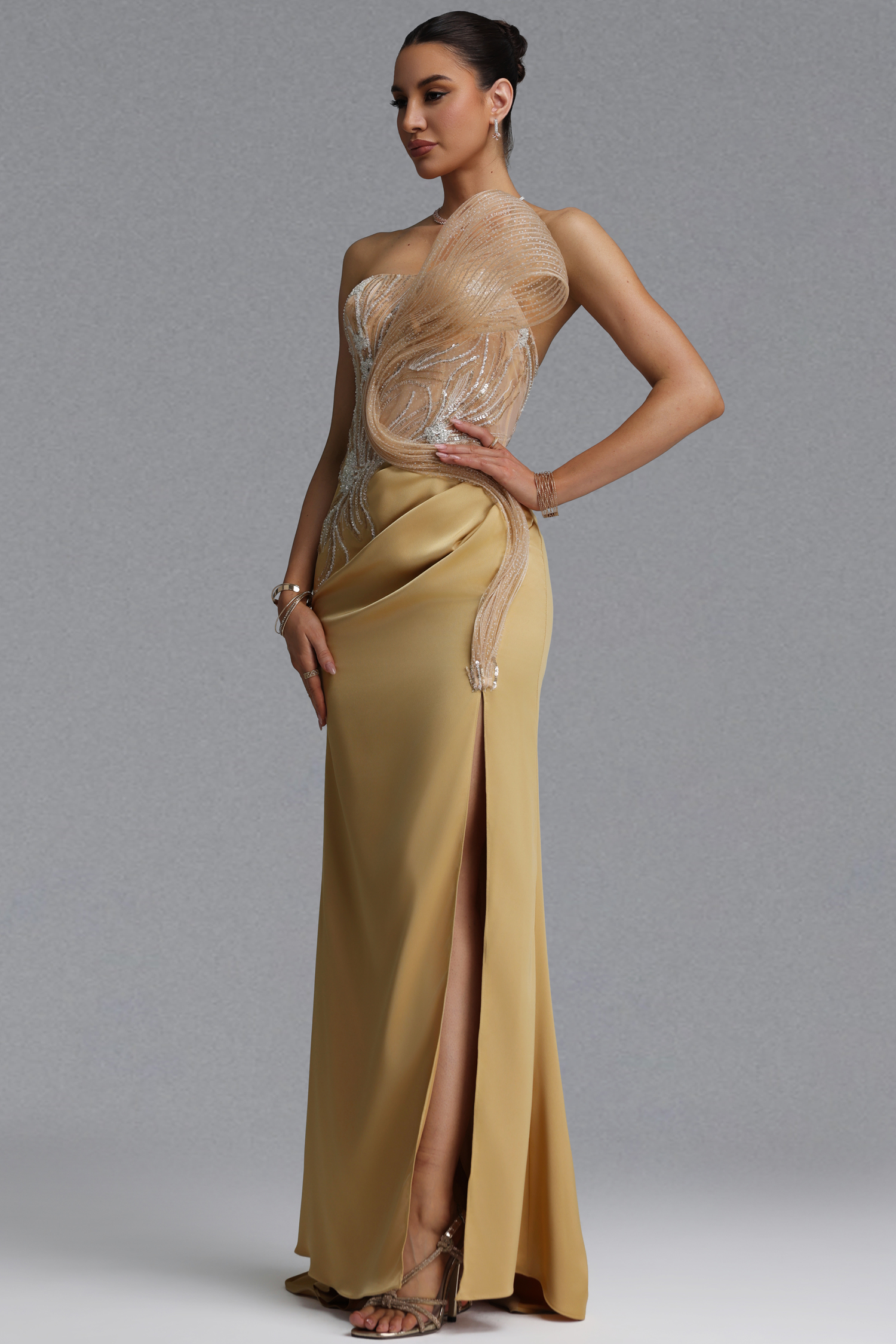 Sofia Elegant Waist-Cinching Asymmetrical Mesh Wing Rhinestone Draped Ruched Satin High Slit Mermaid Maxi Evening Dress