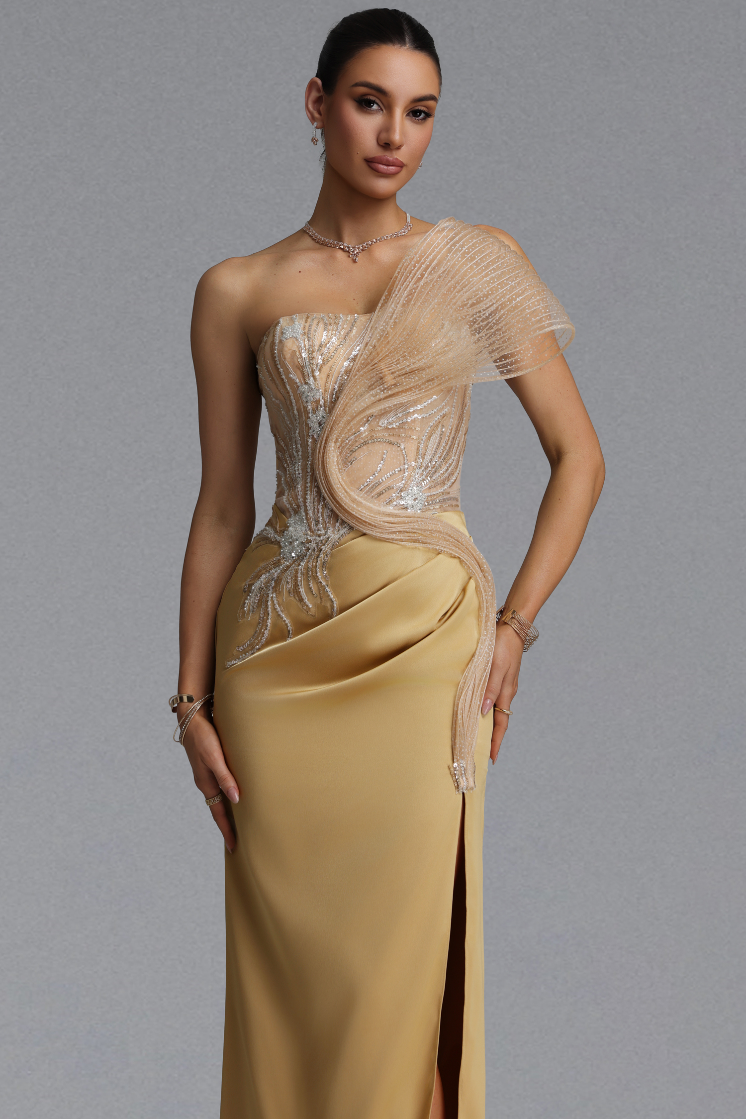 Sofia Elegant Waist-Cinching Asymmetrical Mesh Wing Rhinestone Draped Ruched Satin High Slit Mermaid Maxi Evening Dress