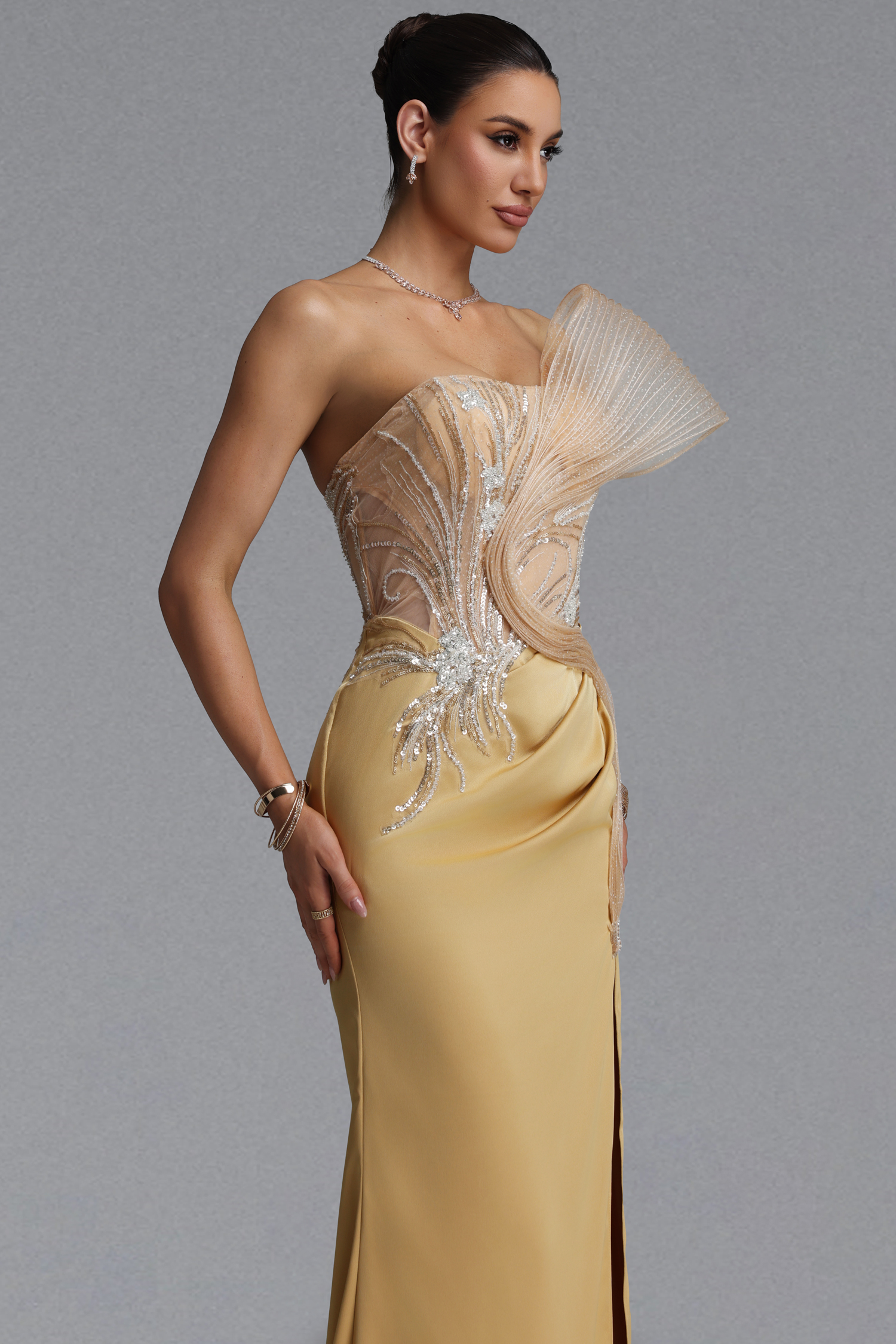 Sofia Elegant Waist-Cinching Asymmetrical Mesh Wing Rhinestone Draped Ruched Satin High Slit Mermaid Maxi Evening Dress