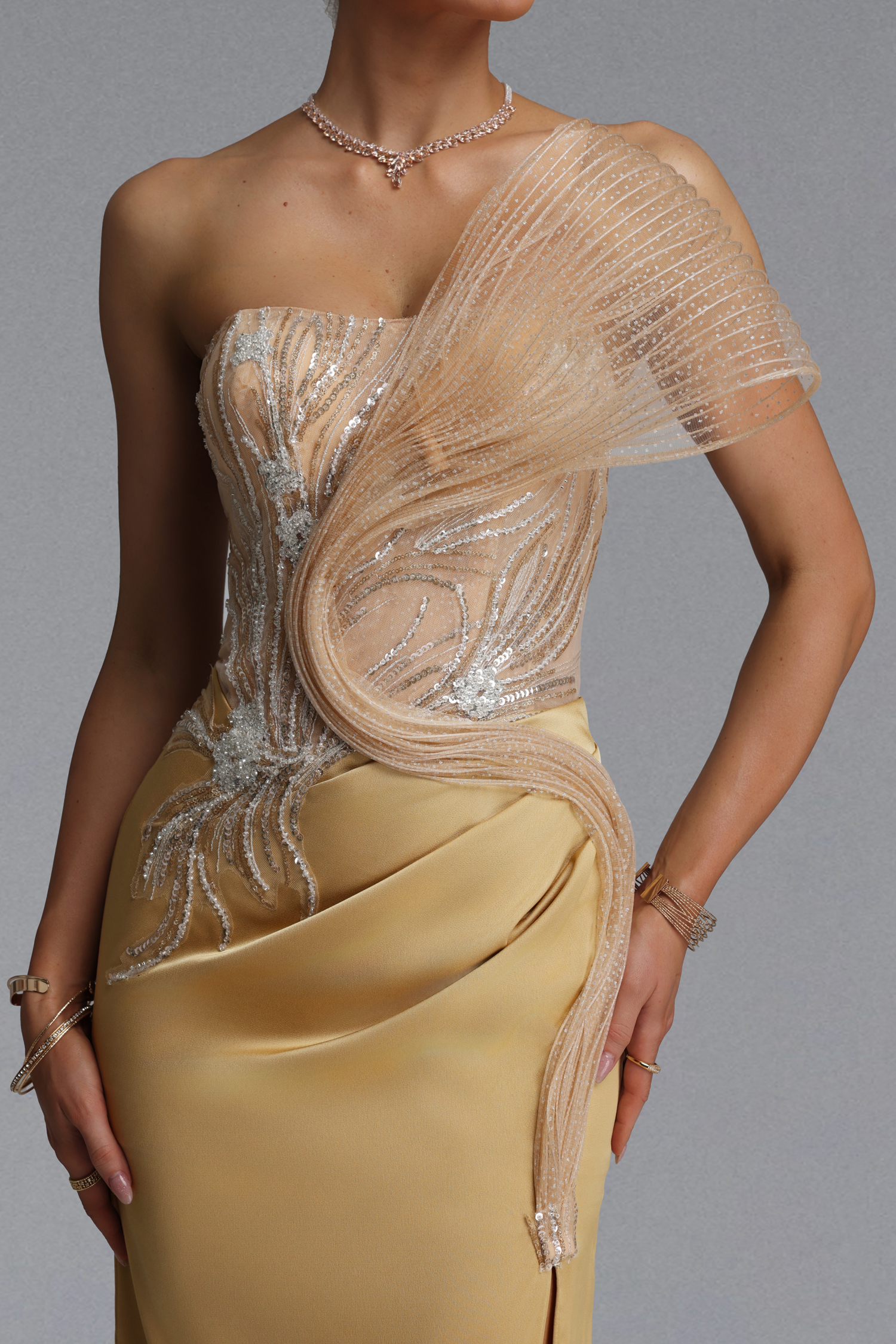Sofia Elegant Waist-Cinching Asymmetrical Mesh Wing Rhinestone Draped Ruched Satin High Slit Mermaid Maxi Evening Dress