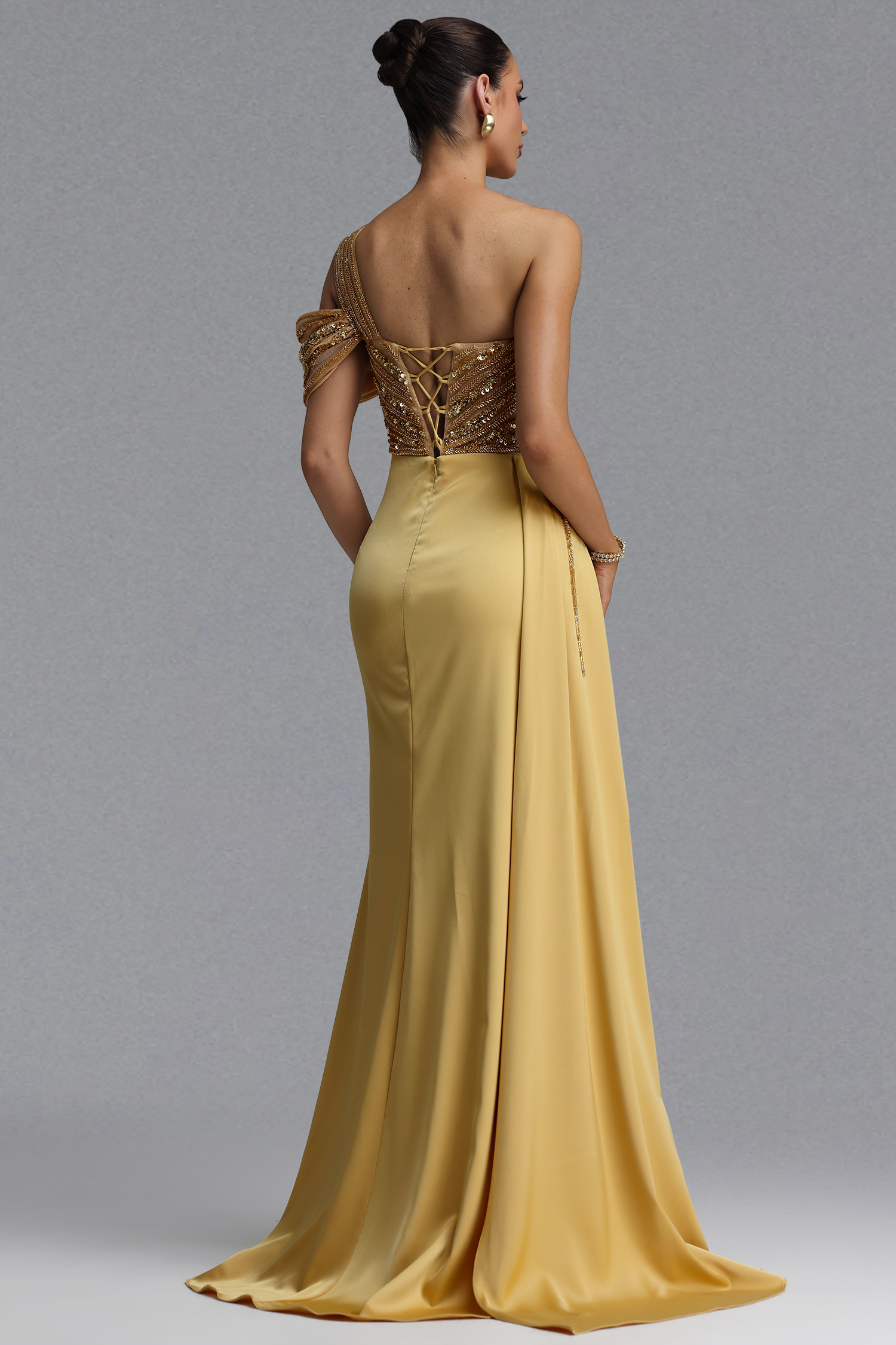 Kerin Elegant Waist-Cinching One Shoulder Beaded Rhinestone Draped Ruched Satin High Slit Mermaid Maxi Evening Dress