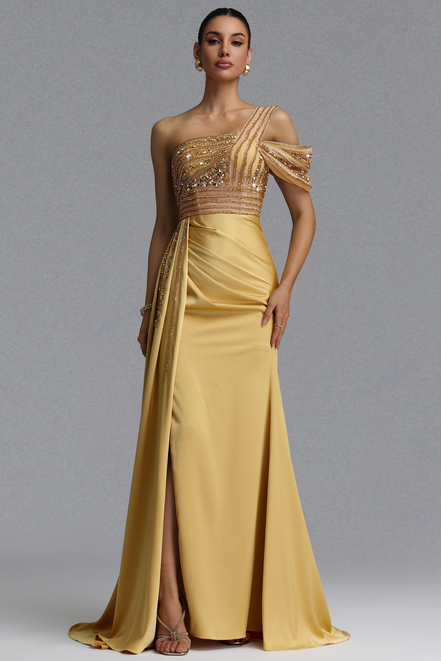 Kerin Elegant Waist-Cinching One Shoulder Beaded Rhinestone Draped Ruched Satin High Slit Mermaid Maxi Evening Dress