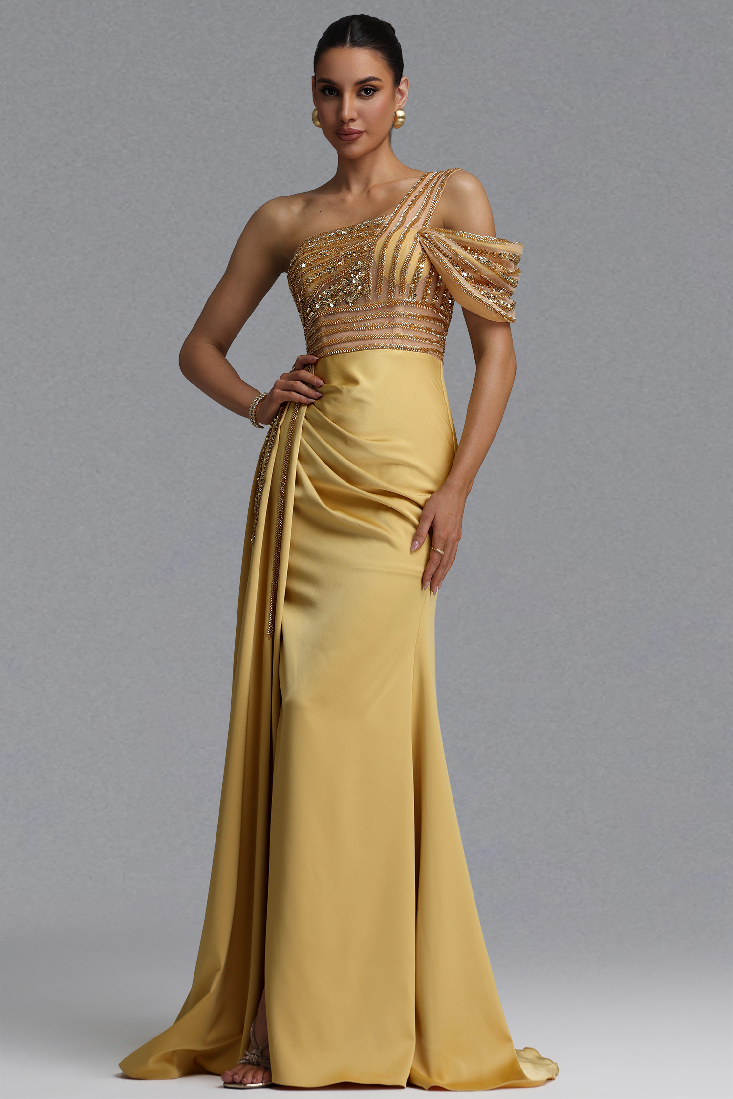 Kerin Elegant Waist-Cinching One Shoulder Beaded Rhinestone Draped Ruched Satin High Slit Mermaid Maxi Evening Dress