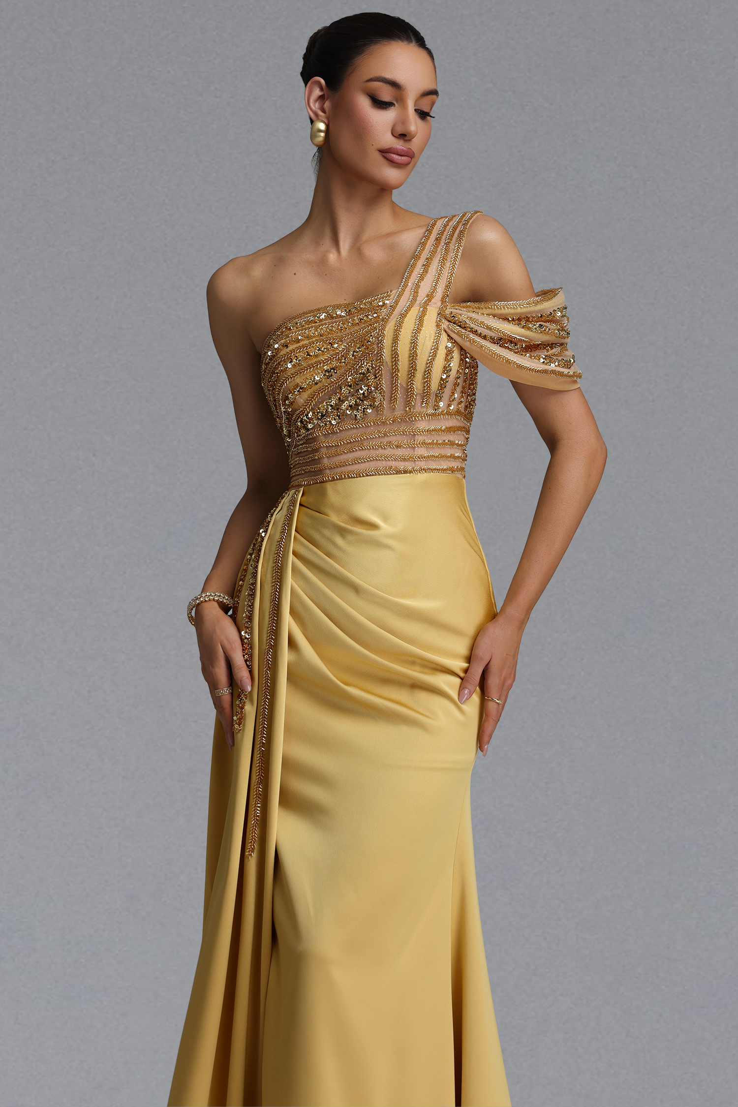 Kerin Elegant Waist-Cinching One Shoulder Beaded Rhinestone Draped Ruched Satin High Slit Mermaid Maxi Evening Dress