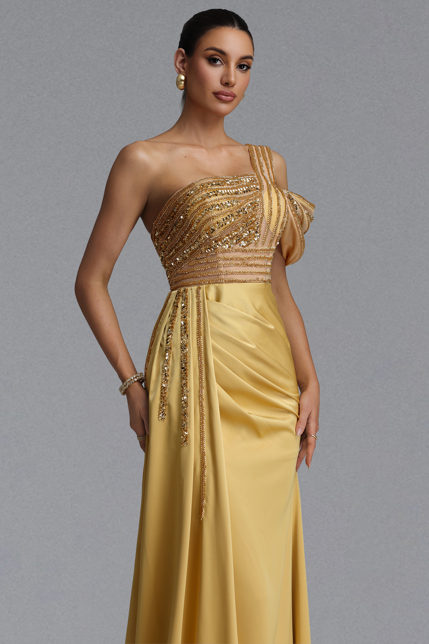 Kerin Elegant Waist-Cinching One Shoulder Beaded Rhinestone Draped Ruched Satin High Slit Mermaid Maxi Evening Dress