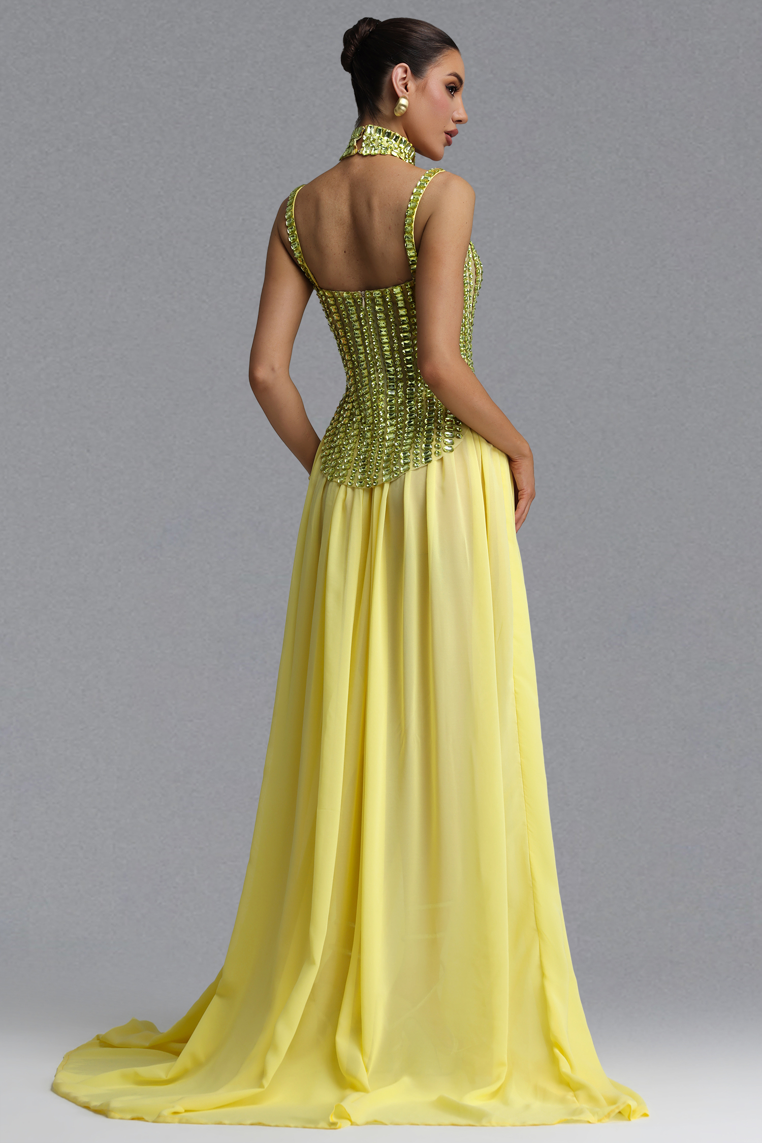 Sareza Elegant Waist-Cinching Square Neck Thin Strap Choker Rhinestone Fitted Flowy Chiffon Train Maxi Evening Dress