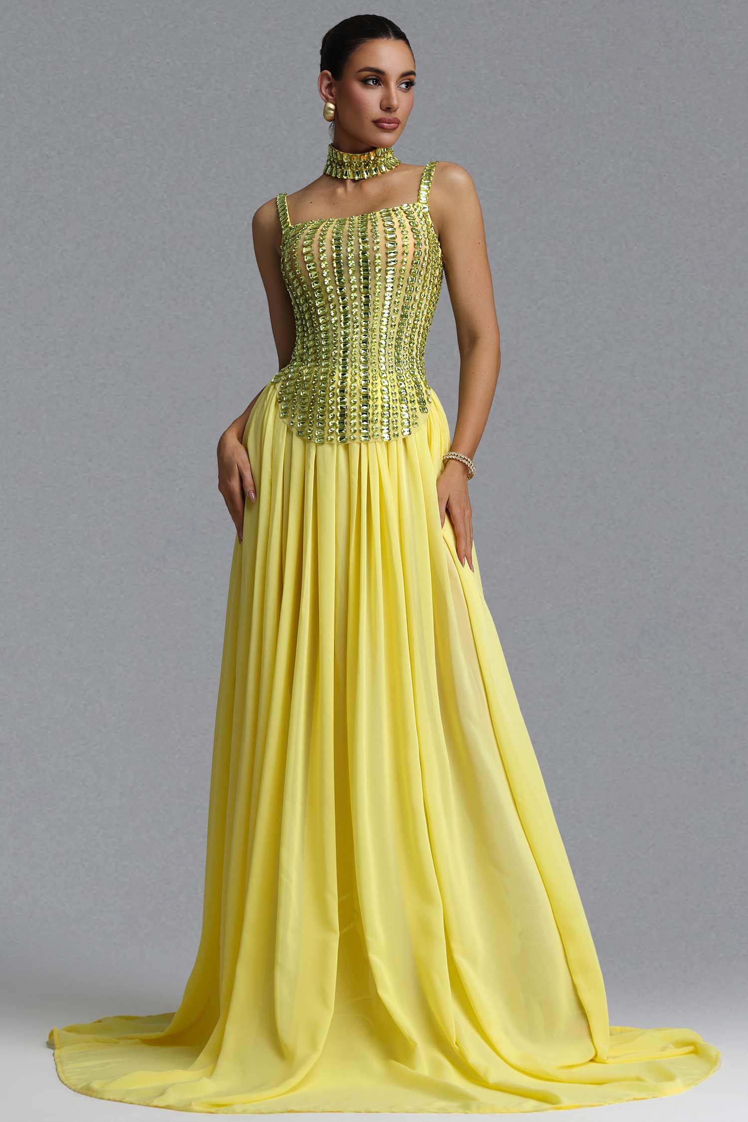 Sareza Elegant Waist-Cinching Square Neck Thin Strap Choker Rhinestone Fitted Flowy Chiffon Train Maxi Evening Dress