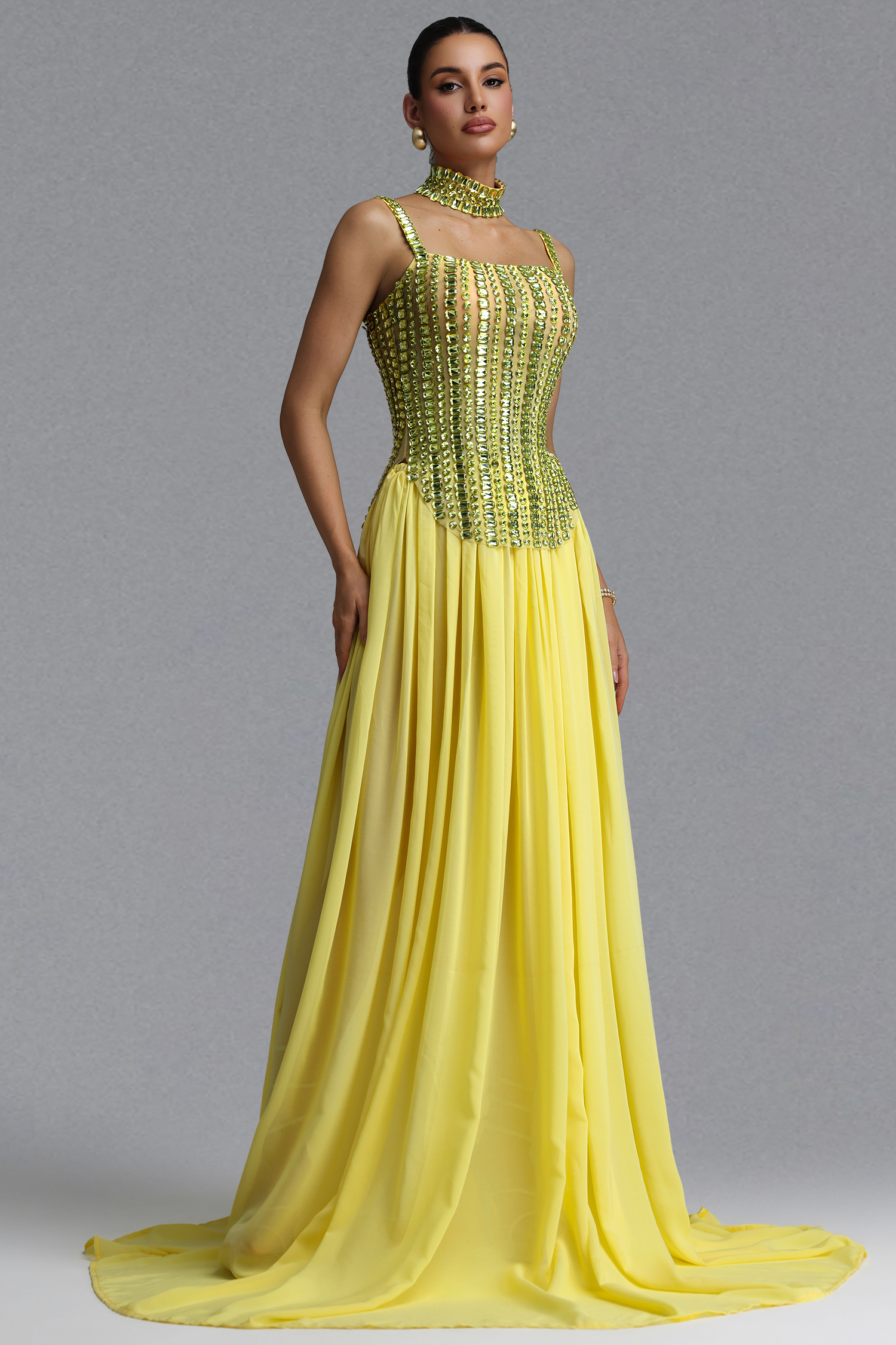 Sareza Elegant Waist-Cinching Square Neck Thin Strap Choker Rhinestone Fitted Flowy Chiffon Train Maxi Evening Dress