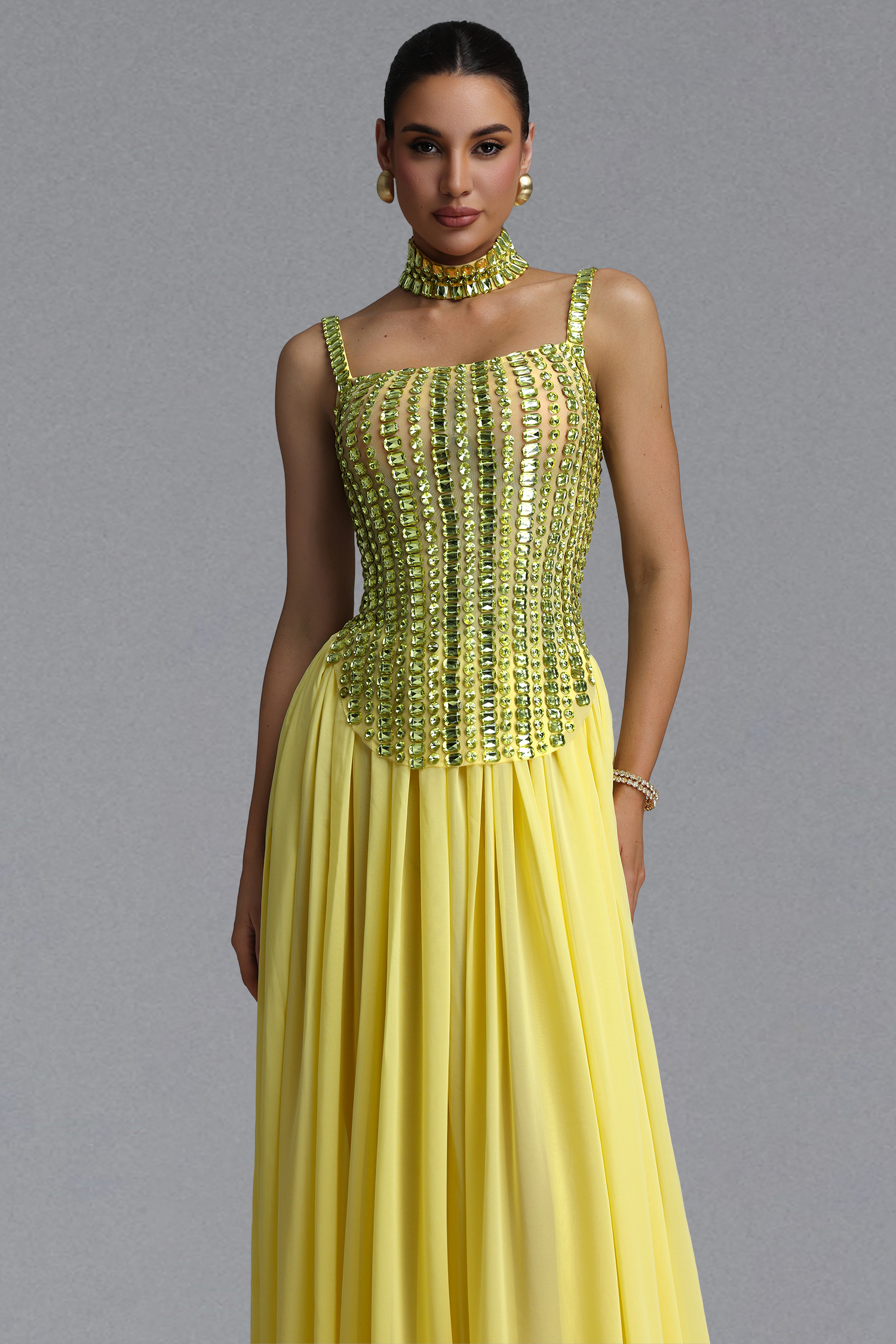 Sareza Elegant Waist-Cinching Square Neck Thin Strap Choker Rhinestone Fitted Flowy Chiffon Train Maxi Evening Dress