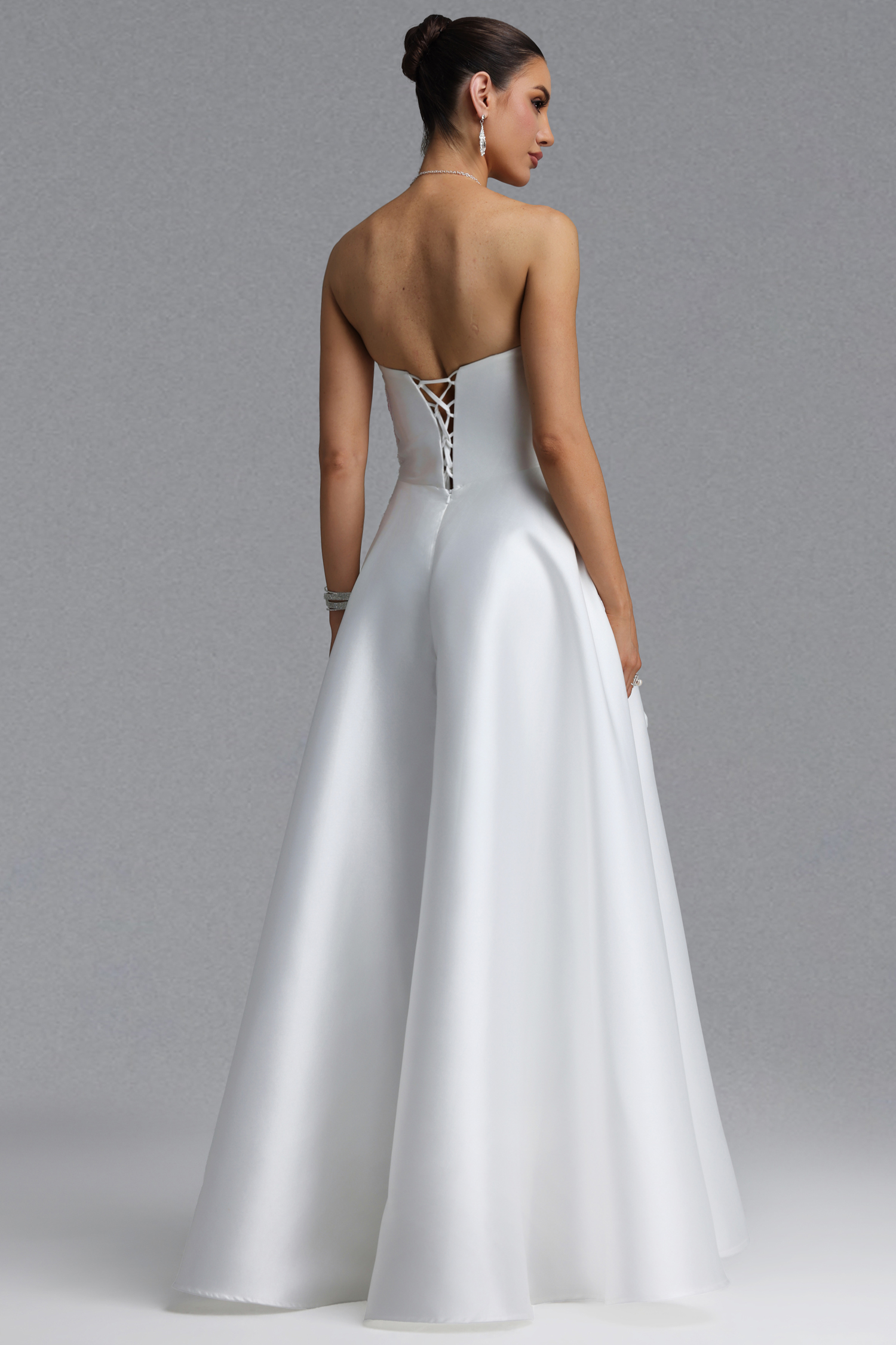 Riala Elegant Waist-Cinching Heart Strapless Colorful Floral Embroidery Satin Full Skirt Maxi Evening Dress