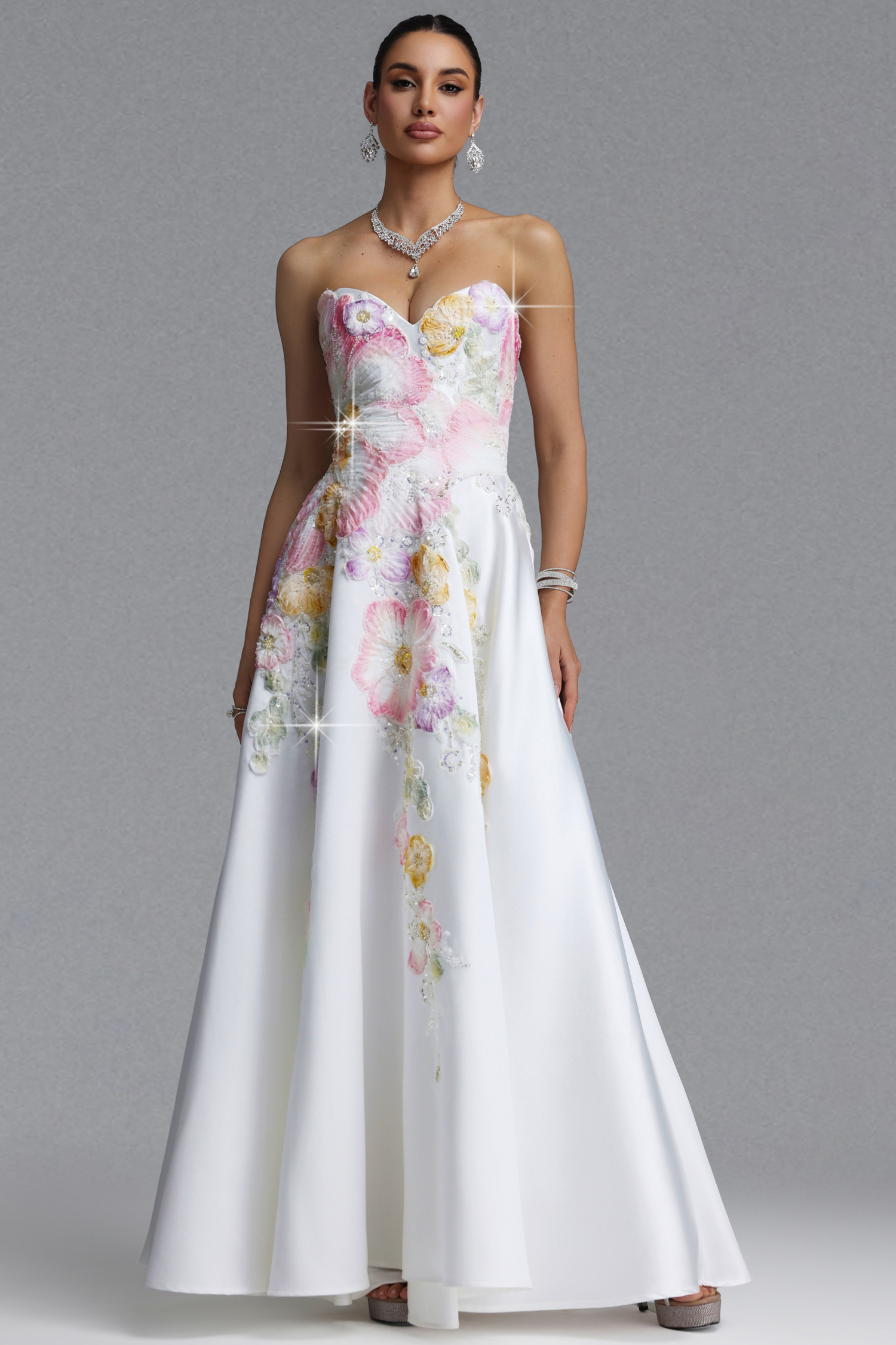 Riala Elegant Waist-Cinching Heart Strapless Colorful Floral Embroidery Satin Full Skirt Maxi Evening Dress