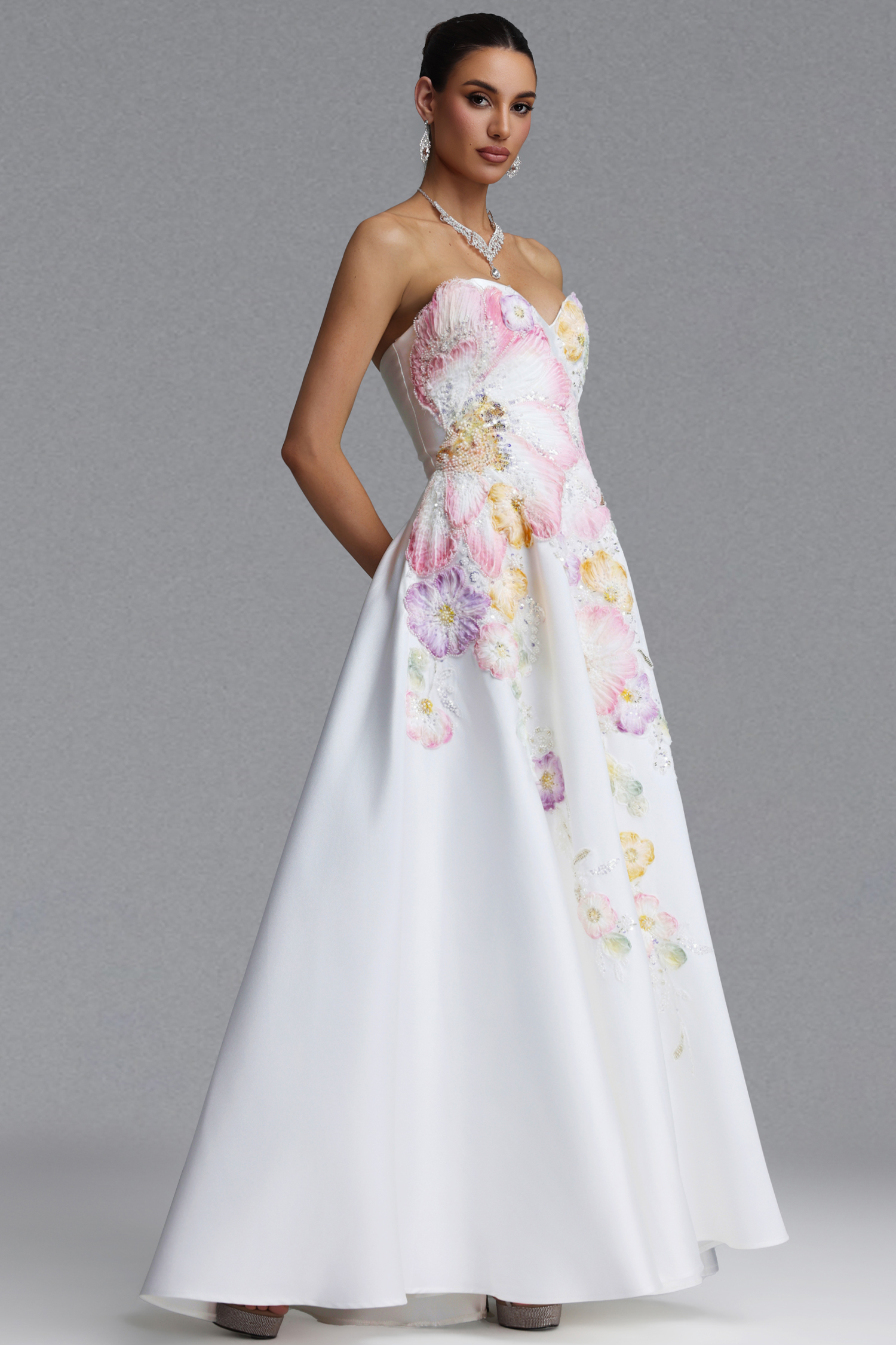 Riala Elegant Waist-Cinching Heart Strapless Colorful Floral Embroidery Satin Full Skirt Maxi Evening Dress