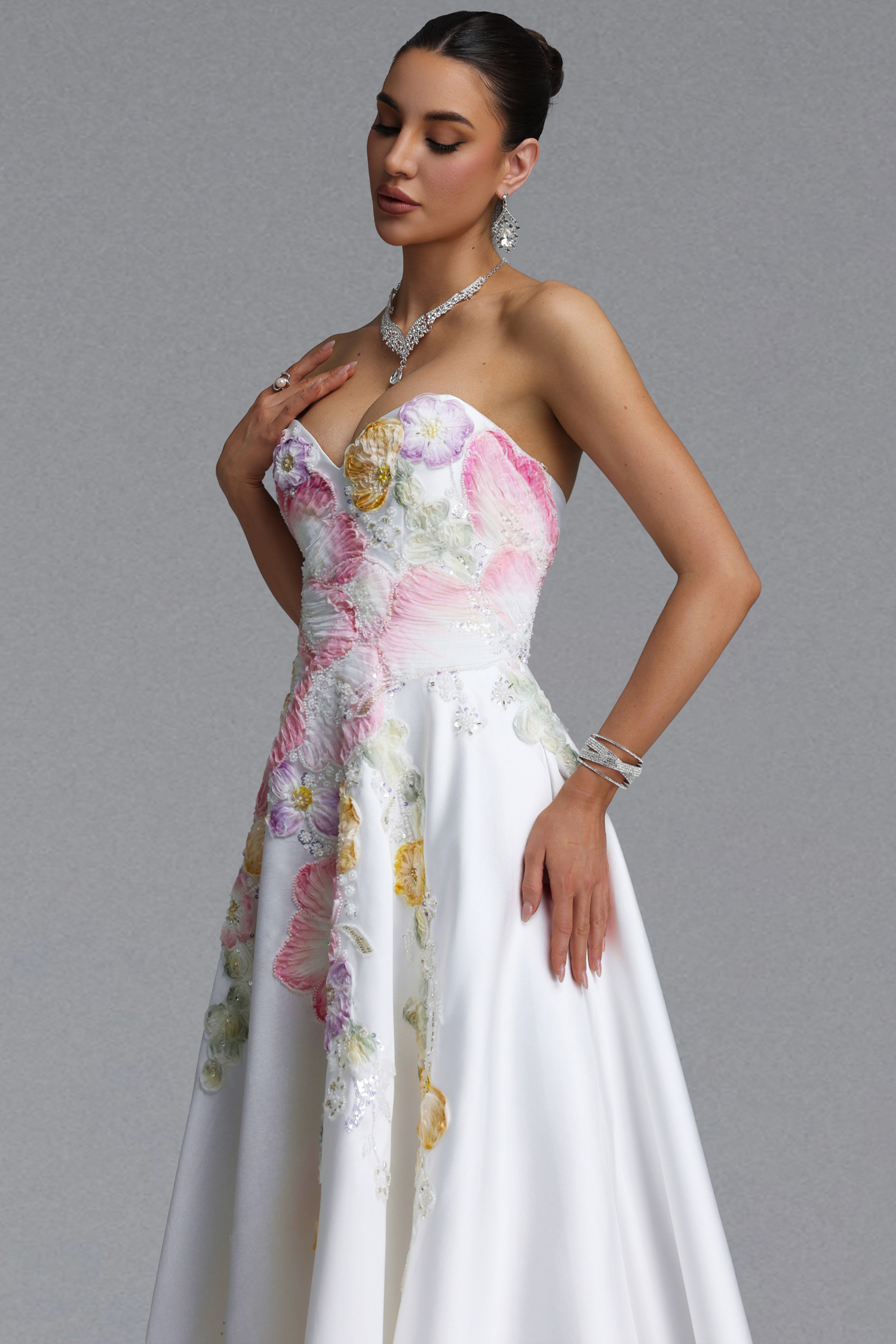 Riala Elegant Waist-Cinching Heart Strapless Colorful Floral Embroidery Satin Full Skirt Maxi Evening Dress