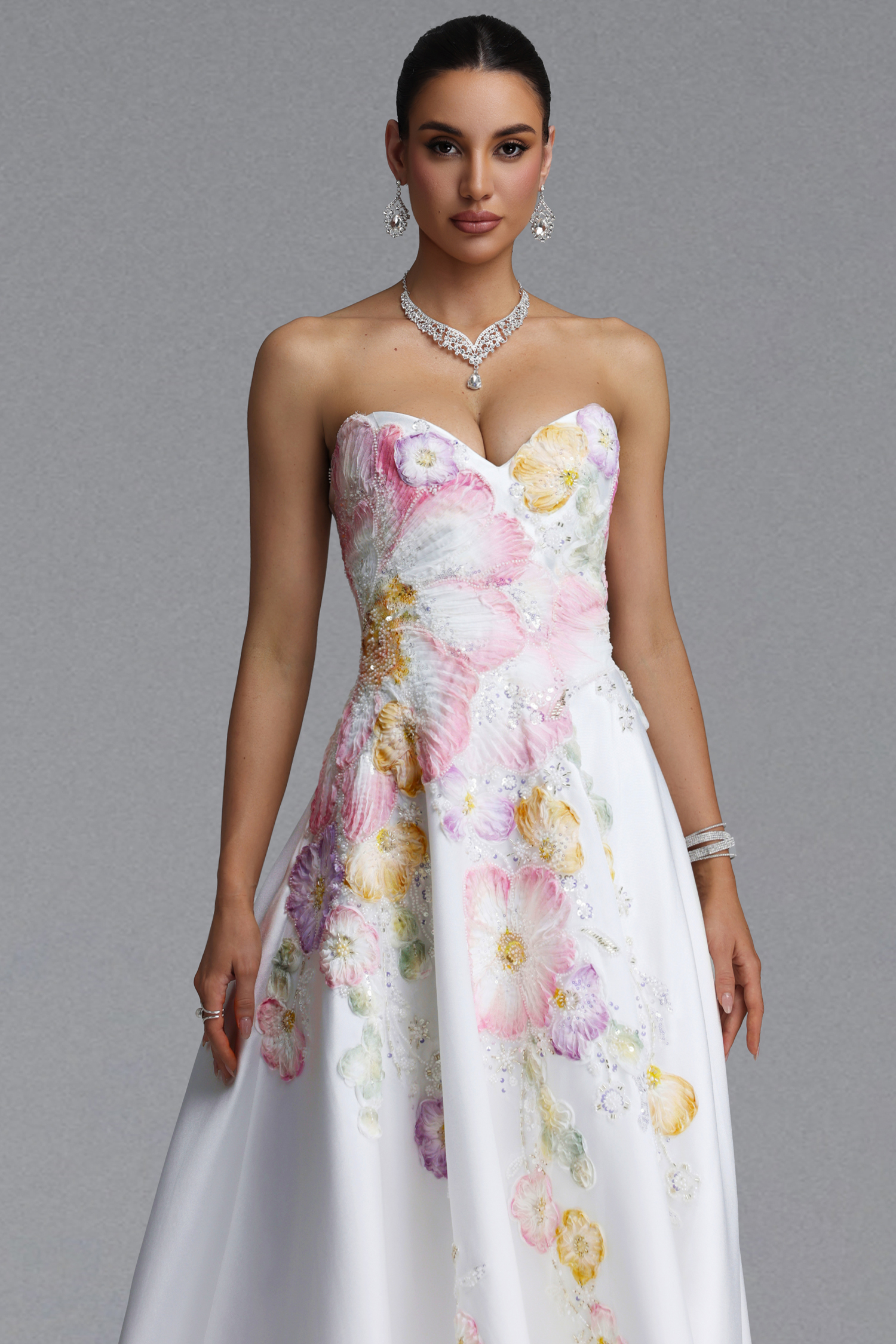 Riala Elegant Waist-Cinching Heart Strapless Colorful Floral Embroidery Satin Full Skirt Maxi Evening Dress