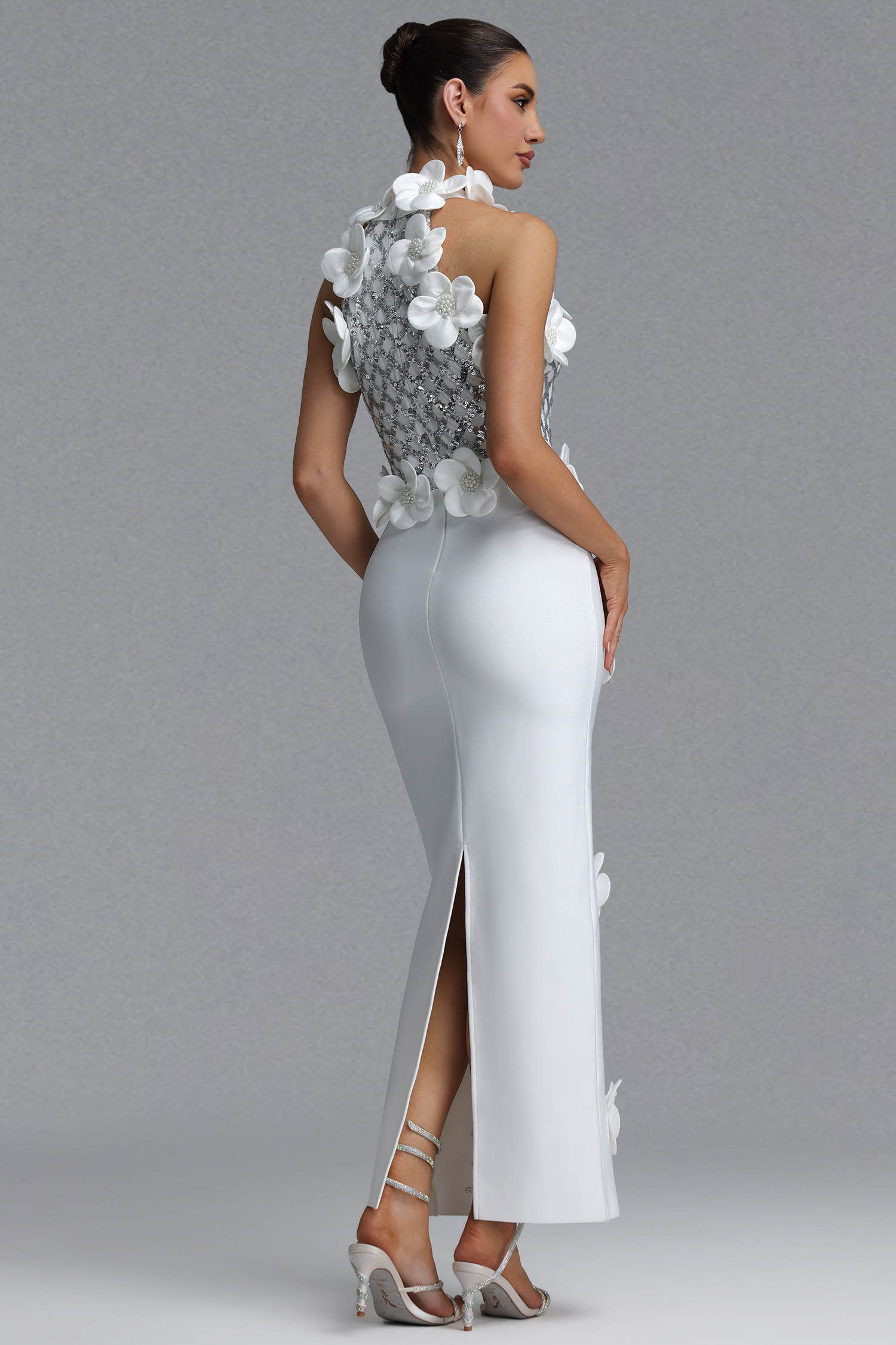 Jacqueline Gorgeous Slim Pearl Floral Bandage Beige Black Maxi Evening Dress