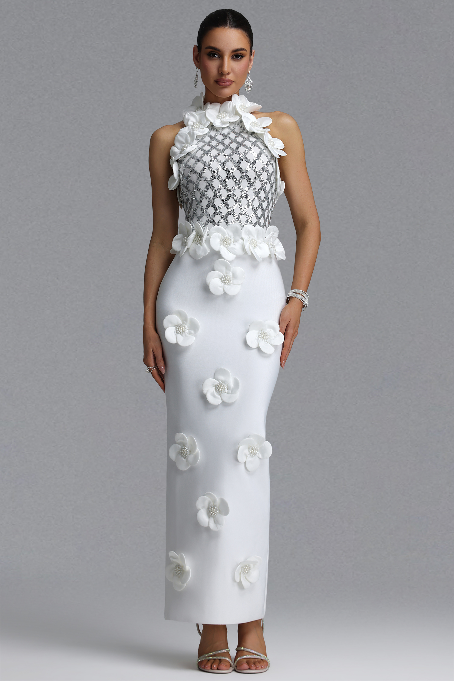 Jacqueline Gorgeous Slim Pearl Floral Bandage Beige Black Maxi Evening Dress