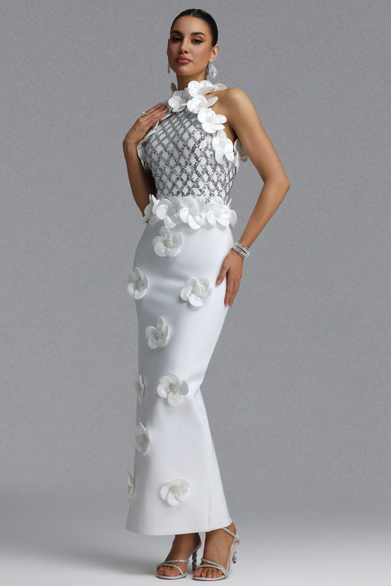 Jacqueline Gorgeous Slim Pearl Floral Bandage Beige Black Maxi Evening Dress