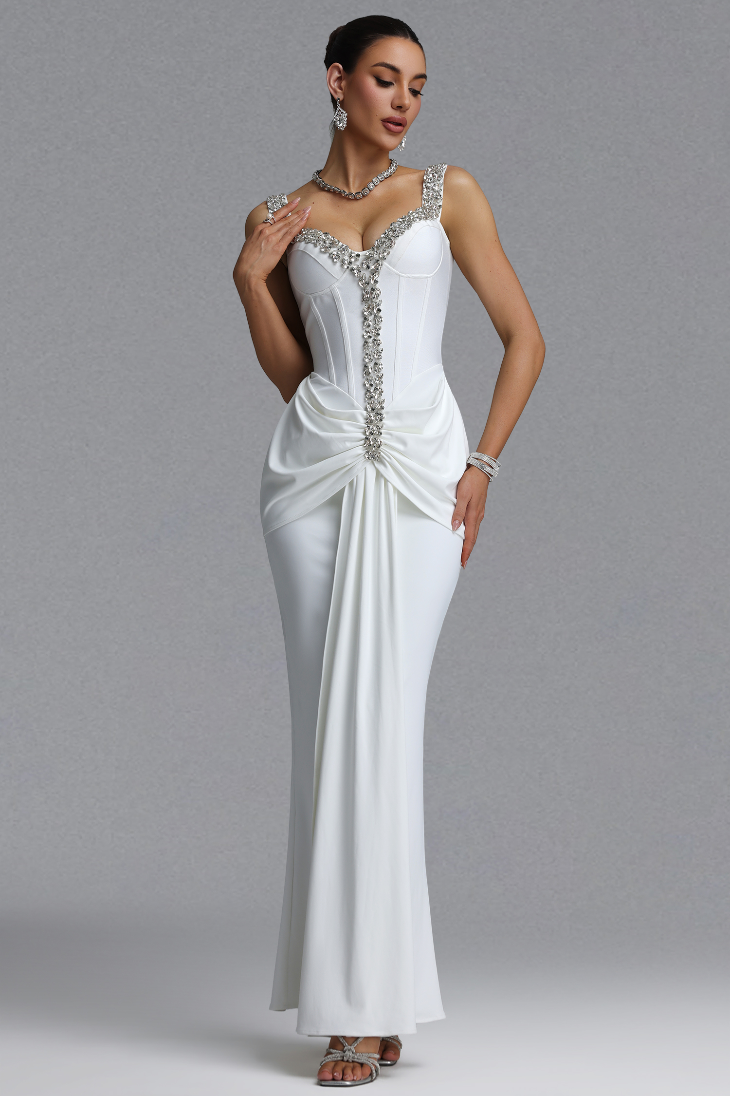 Ethel Elegant Slim Off Shoulder Boned Fitted Rhinestone Twisted Ruched Mermaid Maxi Wedding Dress