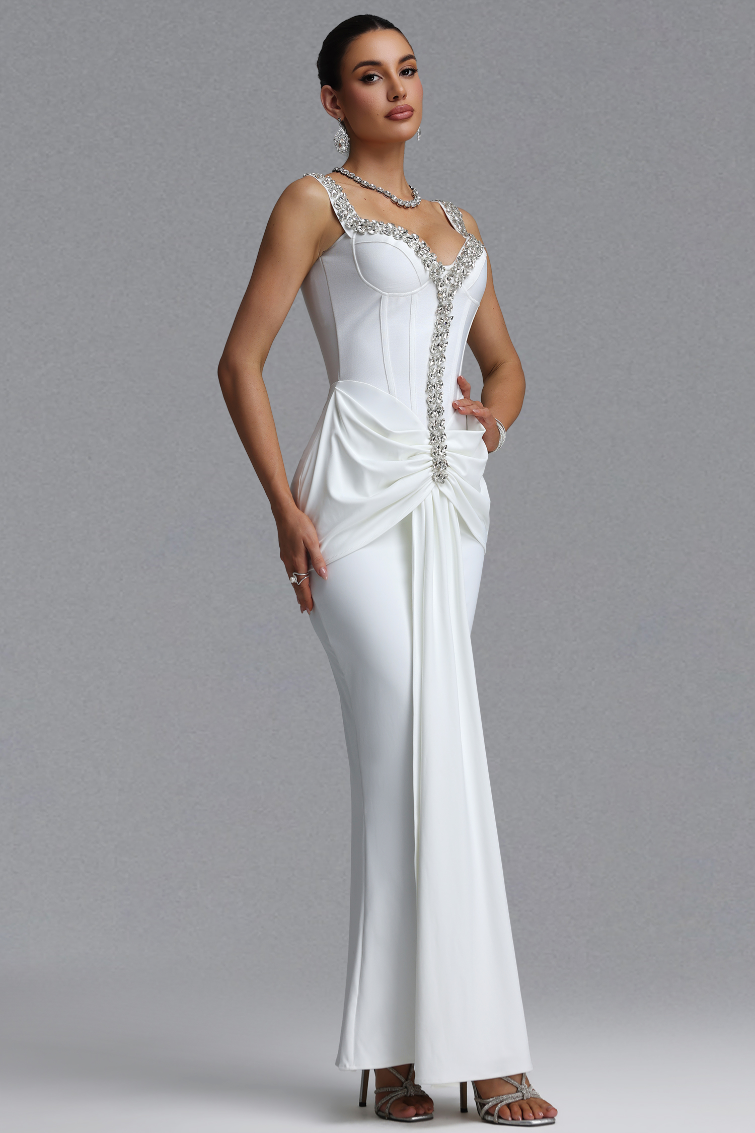 Ethel Elegant Slim Off Shoulder Boned Fitted Rhinestone Twisted Ruched Mermaid Maxi Wedding Dress