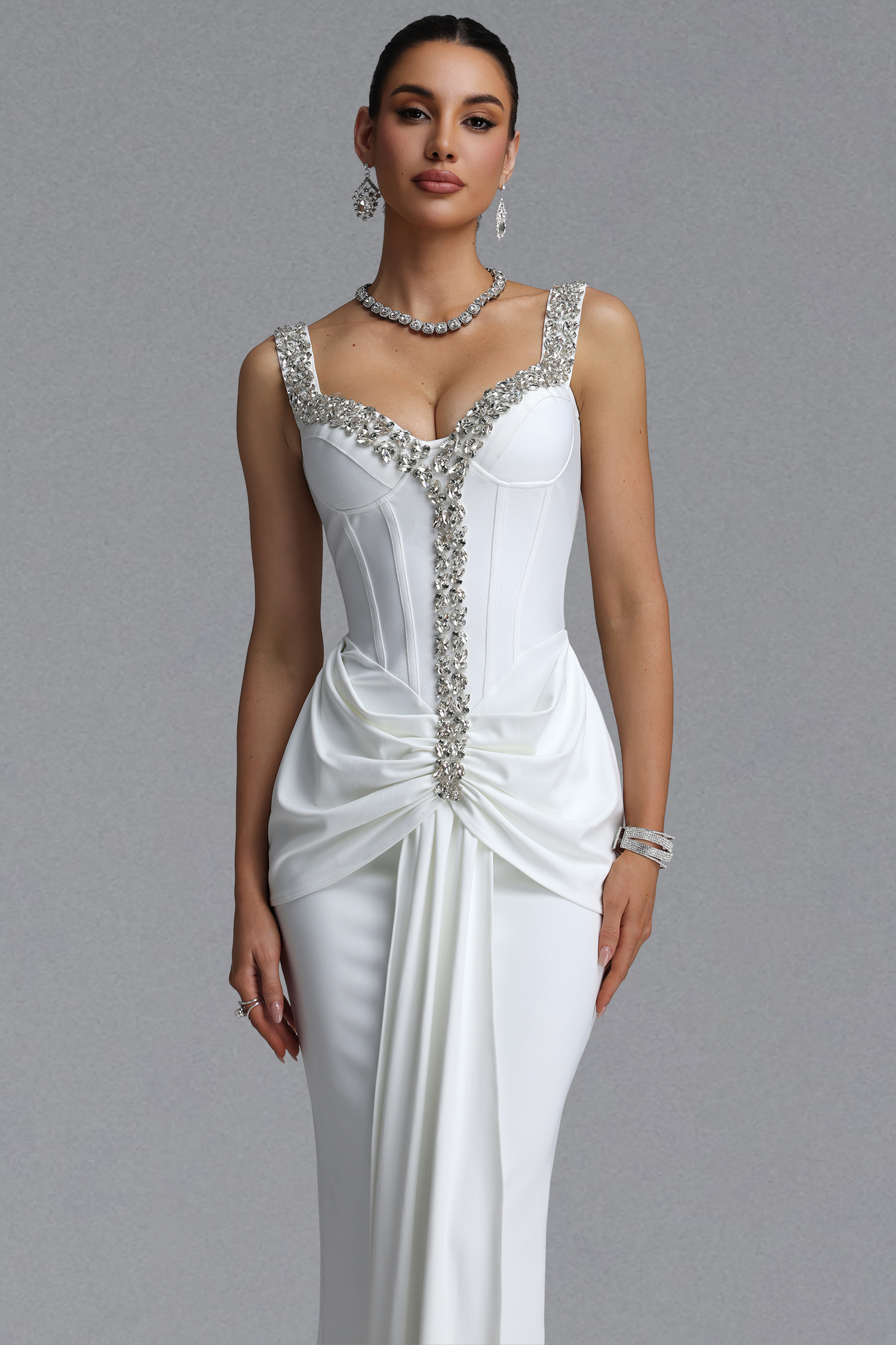 Ethel Elegant Slim Off Shoulder Boned Fitted Rhinestone Twisted Ruched Mermaid Maxi Wedding Dress